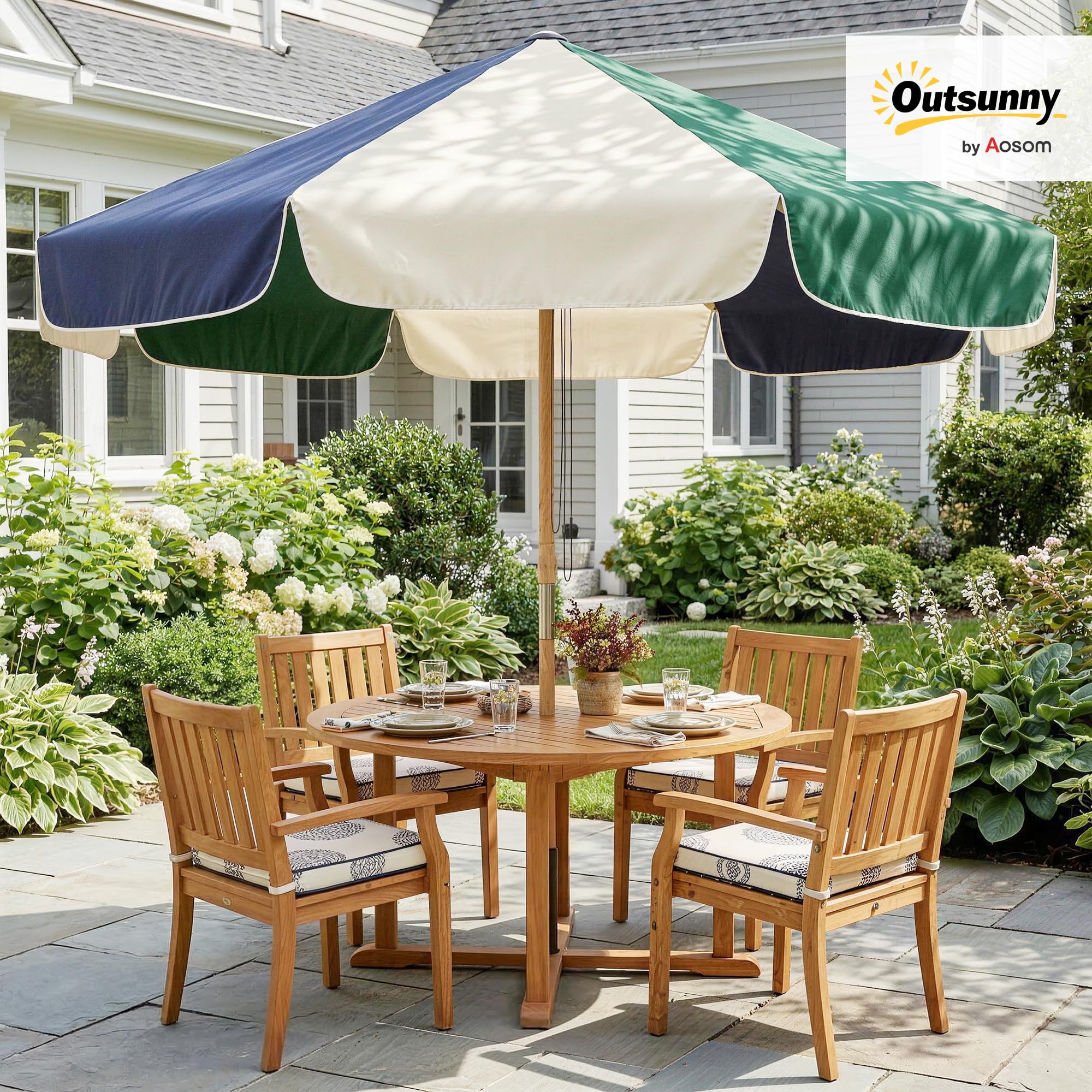 Outsunny Ombrellone da Giardino 8 Stecche UV 30+ Patio Verde Scuro e Crema | Telaio Effetto Legno, Tettuccio a Blocchi di Colore, Ombrellone da Esterno, Terrazzo, Balcone