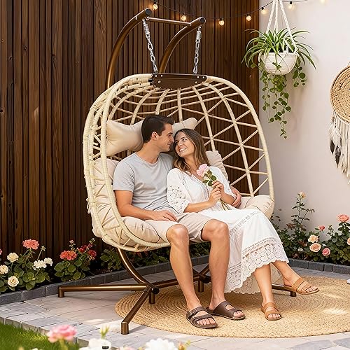 Miniatura 3 de RADIATA Silla de huevo doble con soporte, sofá biplaza colgante de huevos de gran tamaño para 2 personas, 700 libras, resistente para interiores y
