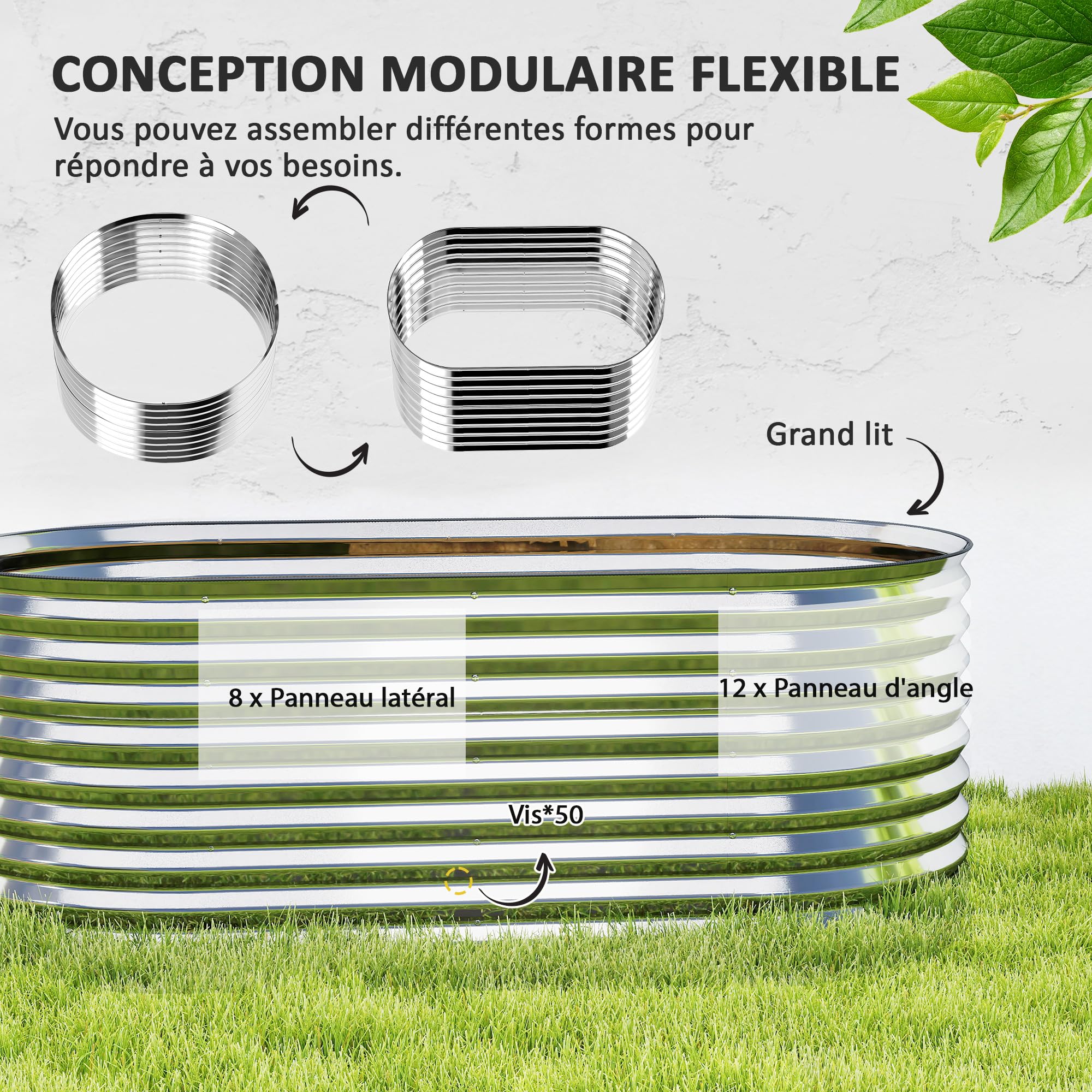 Outsunny Carré Potager de Jardin Potager surélevé, bac Potager en Acier galvanisé, jardinière Exterieur modulaire résistant à la Rouille 160x80x56cm, pour légumes, Fleurs et Herbes Jardin, Argent