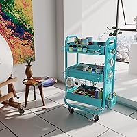 Vista 9 de DESIGNA 3-Tier Utility Storage Rolling Cart with Removable Pegboard & Extra Storage Baskets Hooks, Metal Craft Art Carts for Gift Home Office, Teal