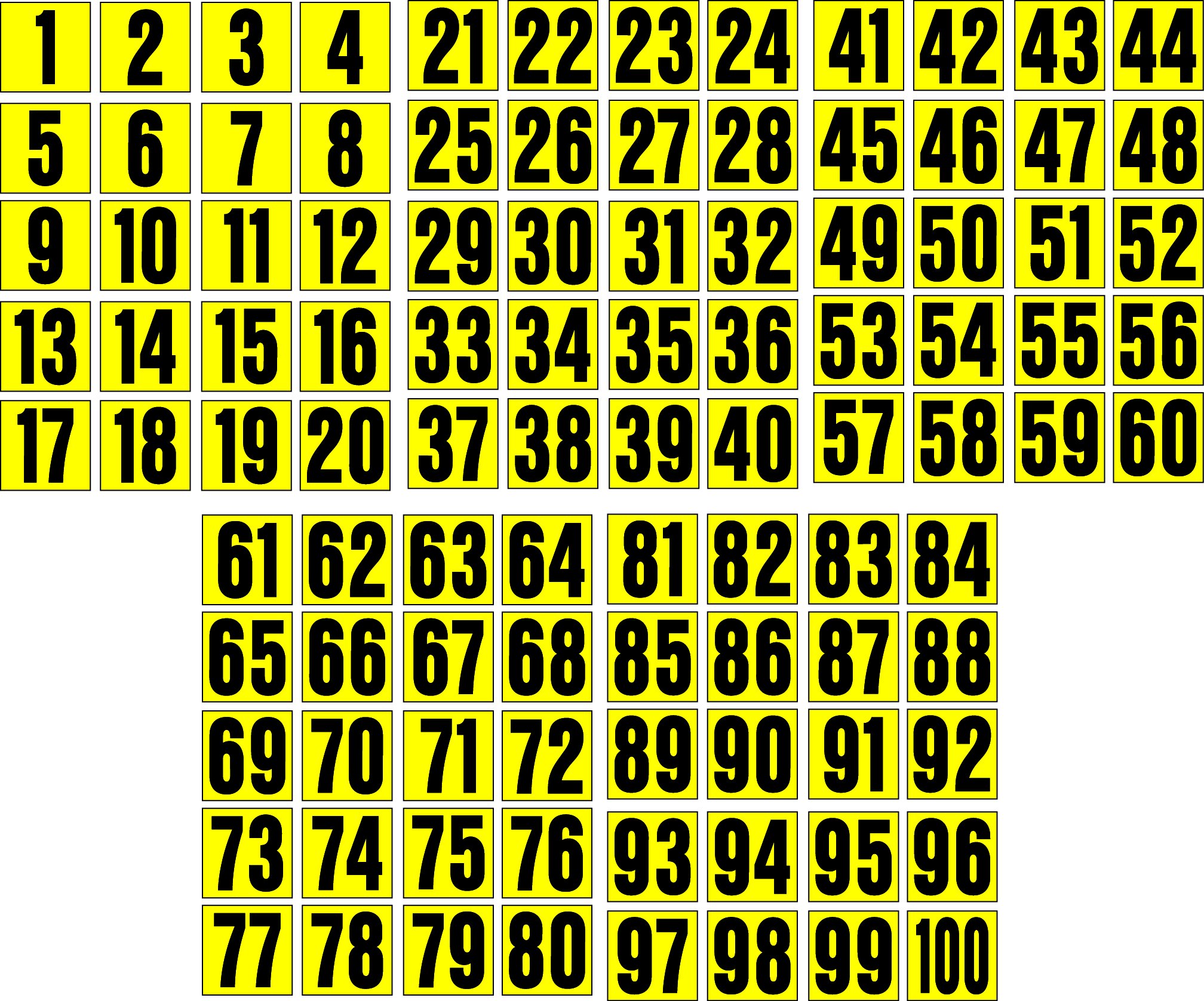 1/2 INCH CONSECUTIVE NUMBER DECALS/STICKERS 1-100 BLACK ON YELLOW