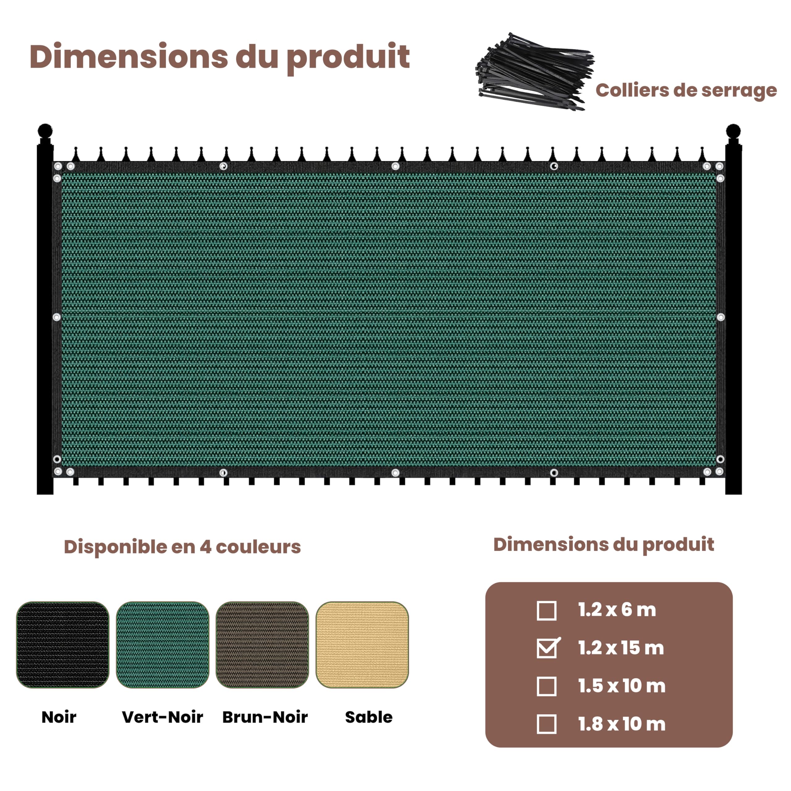 1,2 x 15 M Protection contre la lumière et le vent pour clôtures et balcons, tissu en HDPE, décoration de balcon, protection solaire pour jardin, protection UV