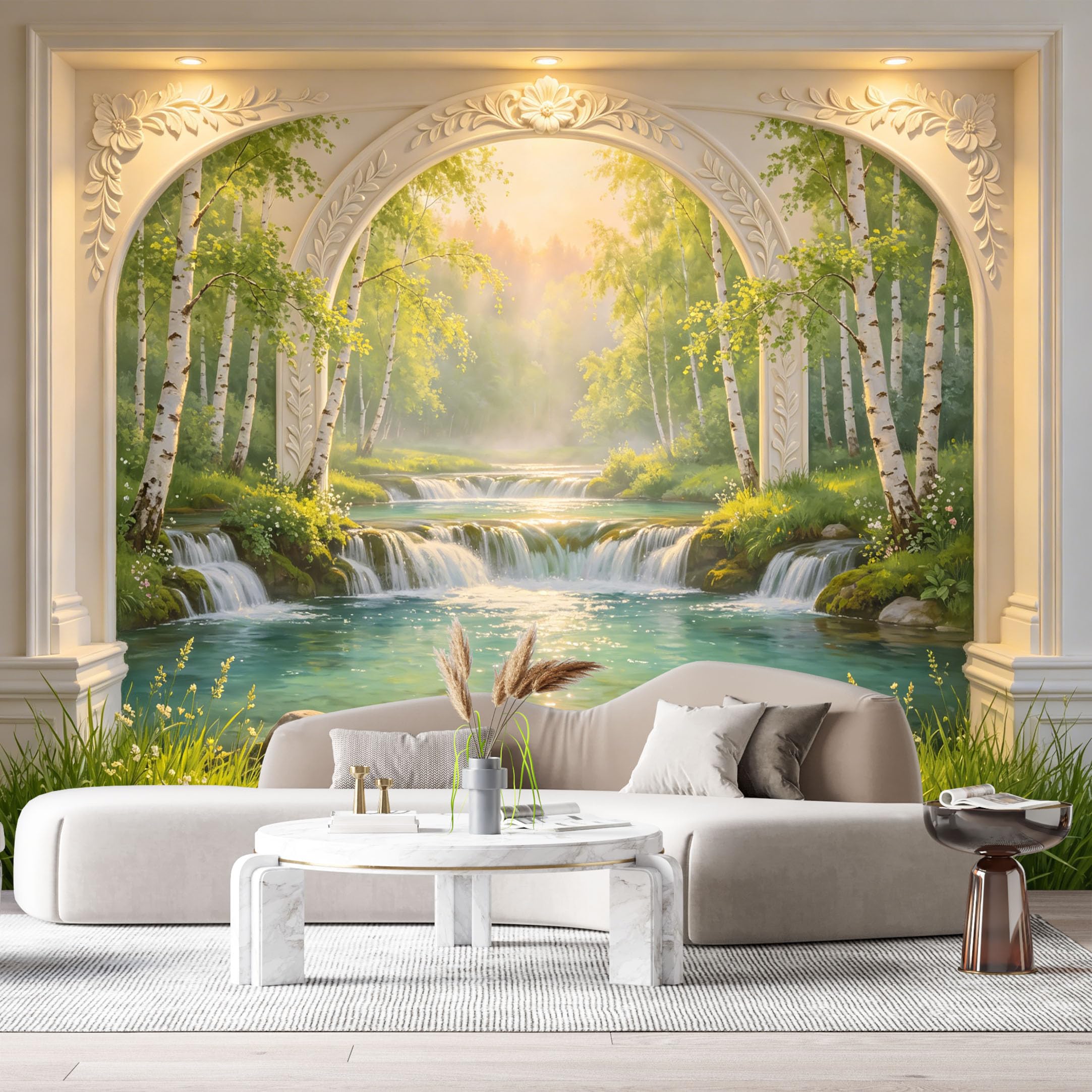 Custom Size Wall Murals Birch Tree River Waterfall Landscape 3D Trompe L'Oeil SelfAdhesiveWall Fabric Removable Wallpaper Wall Decor for Living Room Bedroom Bathroom