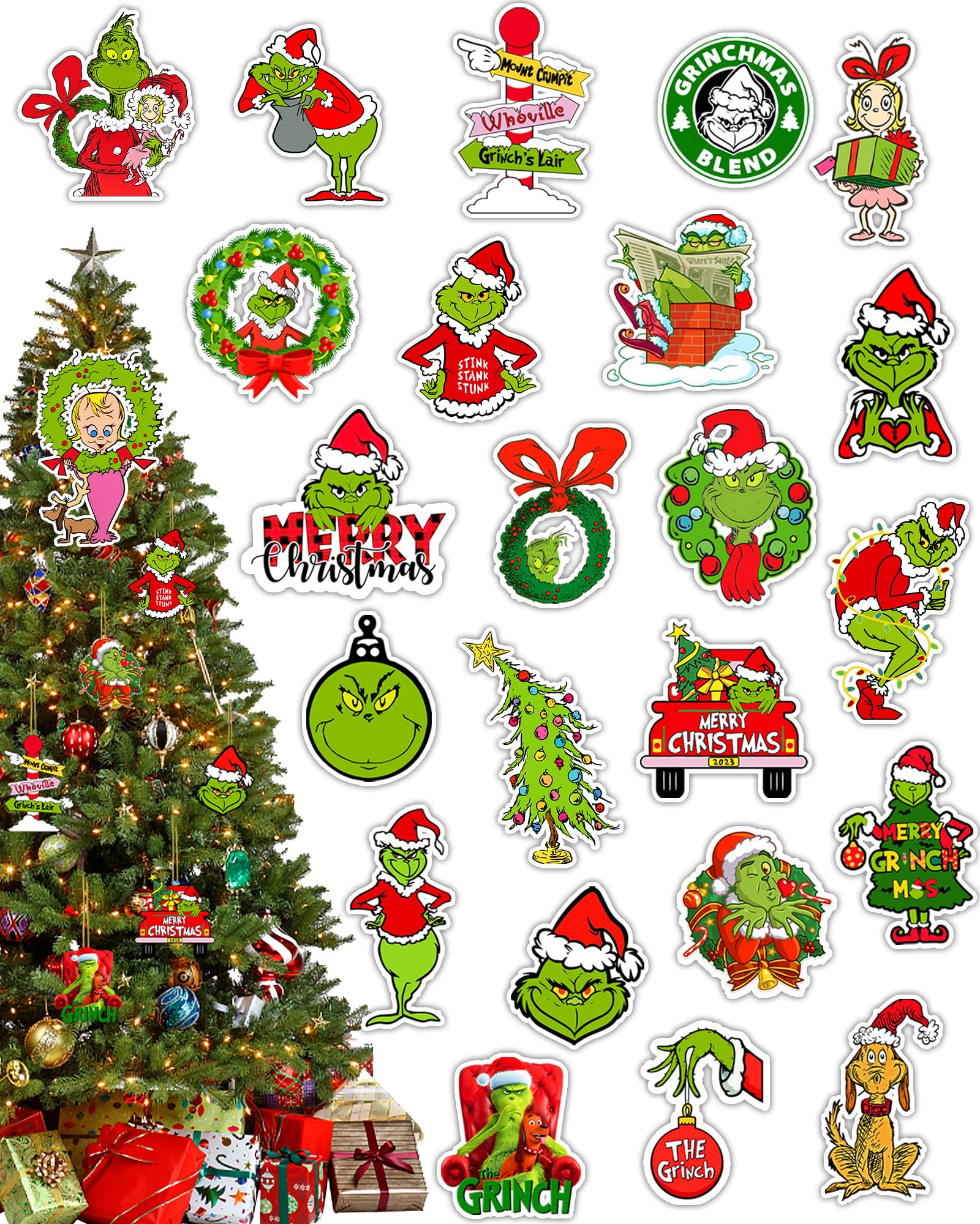 24PCS Christmas Tree Ornaments Decorations, 2023 Green Hanging Accessories Charms Decorative Xmas Merchandise Gift Ideas Holiday Decor Indoors Home House Decorations