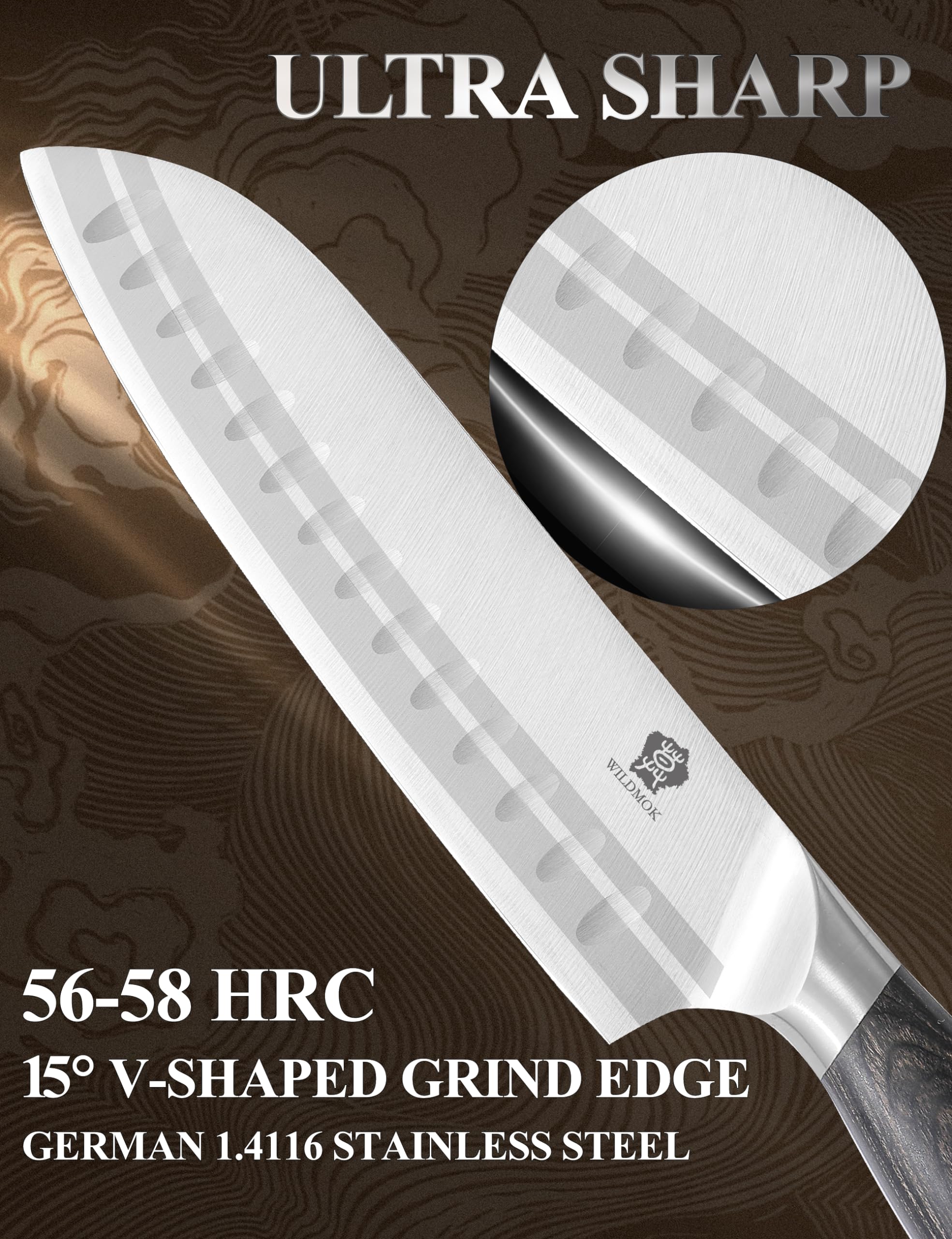 WILDMOK Coltello da 18 cm santoku, coltello da chef giapponese -ultra tagliente coltello da cucina, coltello da chef in acciaio inossidabile tedesco