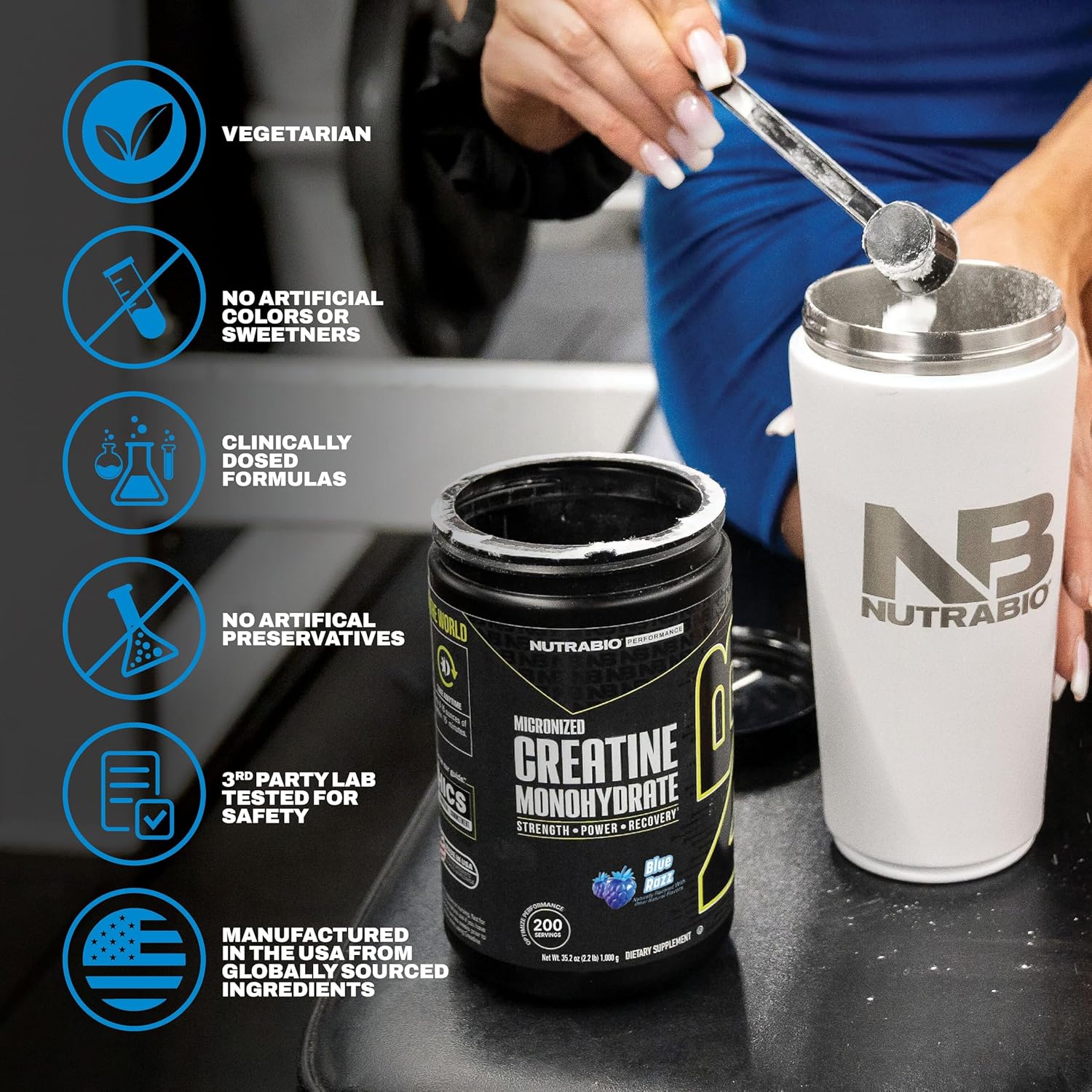 NutraBio Pure Micronized Creatine Monohydrate Powder Supplement, Blue Razz (300 g) - Supports Bulk Muscle Energy, Recovery, and Strength - HPLC Tested Creatine Powder Supplement for Men and Women