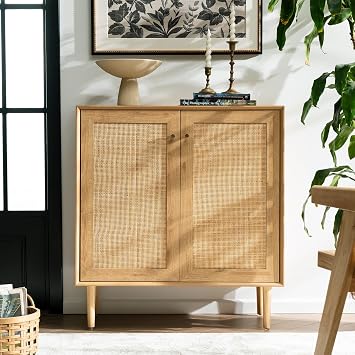 Storage Cabinet with Square Natural Rattan Door, Boho Wood Buffet Cabinet with Magnetic Waterproof Design, Large Buffet Sideboard for Kitchen Living Room - Natural Oak
