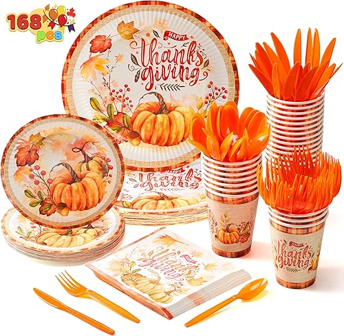 JOYIN 168 platos de papel desechables de Acción de Gracias, el juego de vajilla incluye 24 platos llanos, 24 platos de postre, 24 servilletas, 24