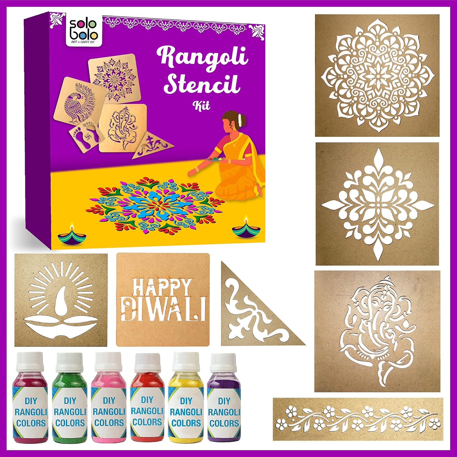 Buy Solobolo Rangoli Stencils with 6 Rangoli Colours Ganesha Rangoli