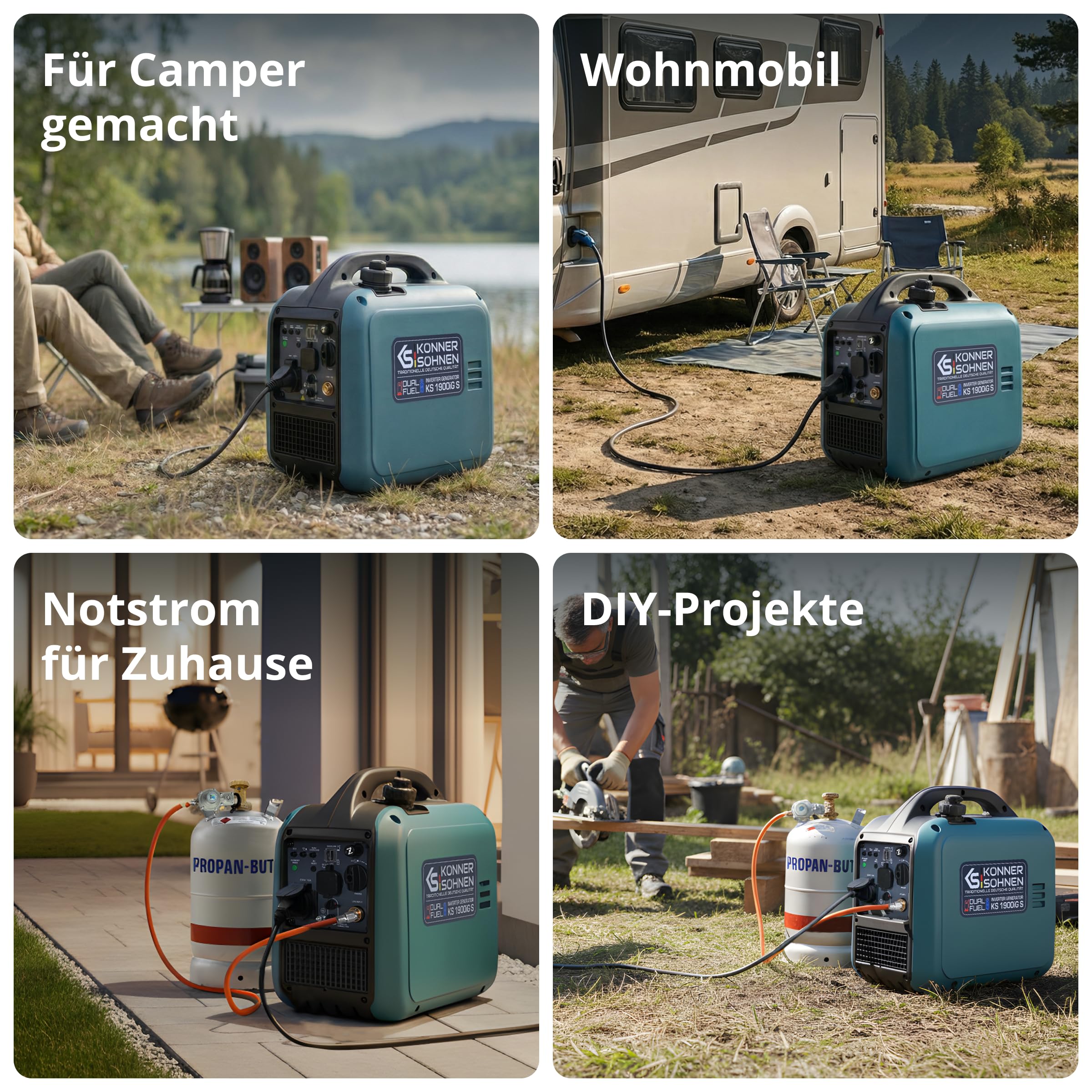 Könner & Söhnen Inverter Stromerzeuger KS 1900iG S, 2000W Dual Fuel Generator (LPG/Benzin), Notstromaggregat Leise, 17kg Ultraleicht, Reine Sinuswelle, Eco-Mode, USB, Euro-5