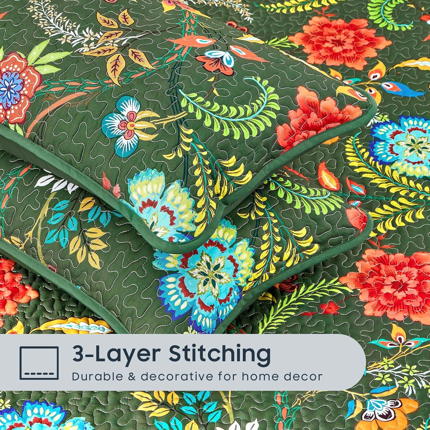 Wake In Cloud - Boho Quilt Set, Floral Bohemian Chic Country Botanical Colorful Funky Flower Pattern, Reversible Lightweight Bedspread Coverlet, 3 Pieces, Dark Green, Queen/Full Size