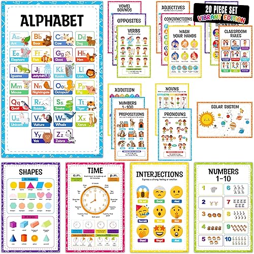 Miniatura 7 de Decorably Carteles preescolares para aula, 20 pósteres de prekínder, 11 x 17 pulgadas, pósteres de aprendizaje para niños pequeños de 1 a 3 años,
