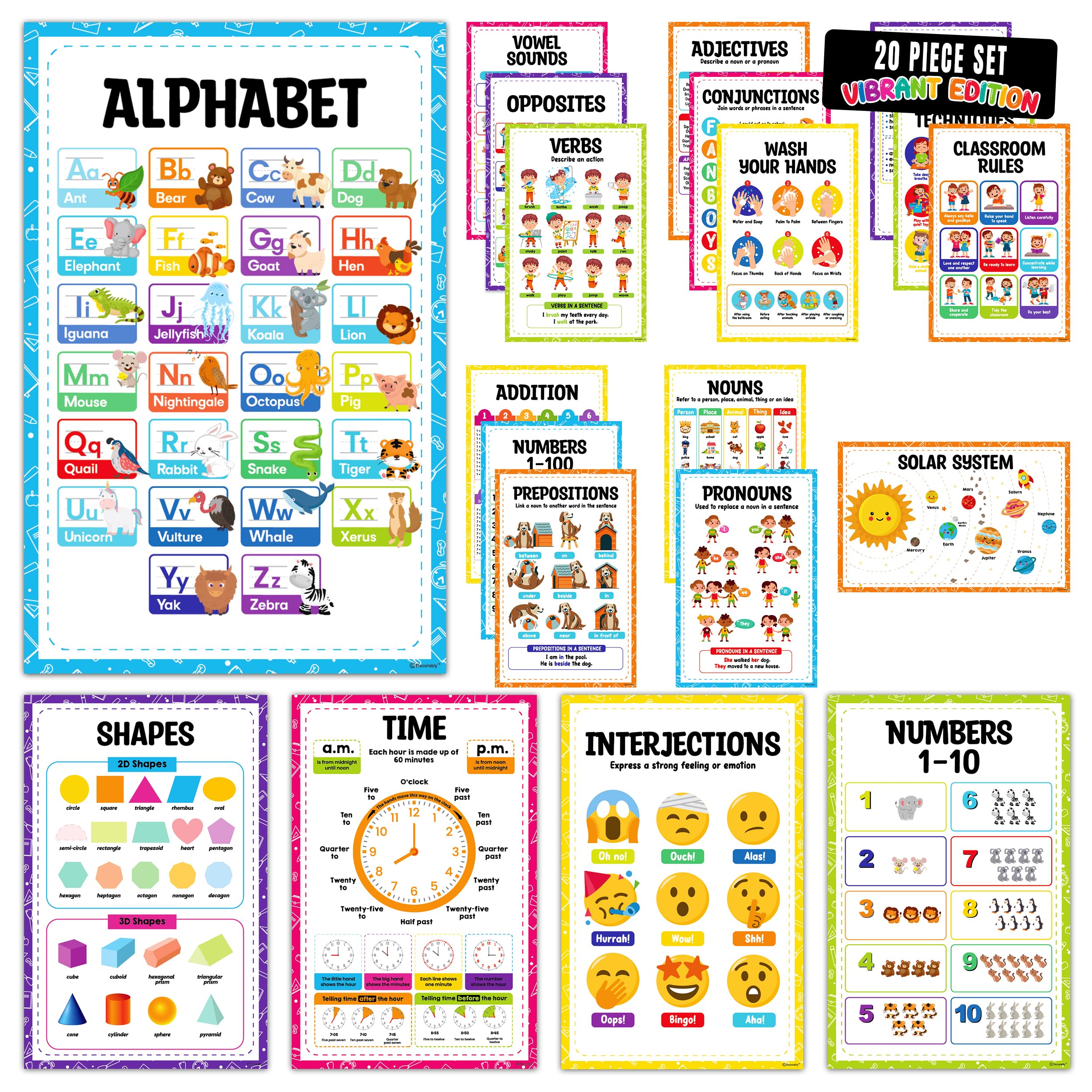 Decorably 20 Vibrant Preschool Posters for Toddlers, 11x17in Matte-Laminated Educational Learning Posters for Toddlers 1-3 - Classroom, Bulletin Board, Home Study Room