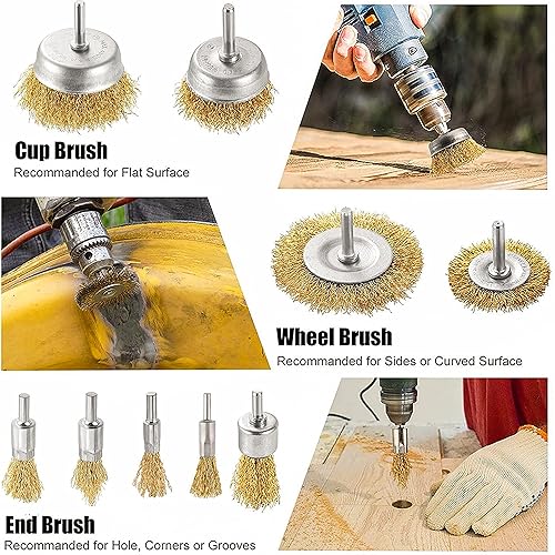 Miniatura 2 de KEWAYO Cepillo de alambre para taladro, cepillo de alambre para taladro, eje hexagonal de 14 pulgadas, rueda de alambre prensado recubierta de latón