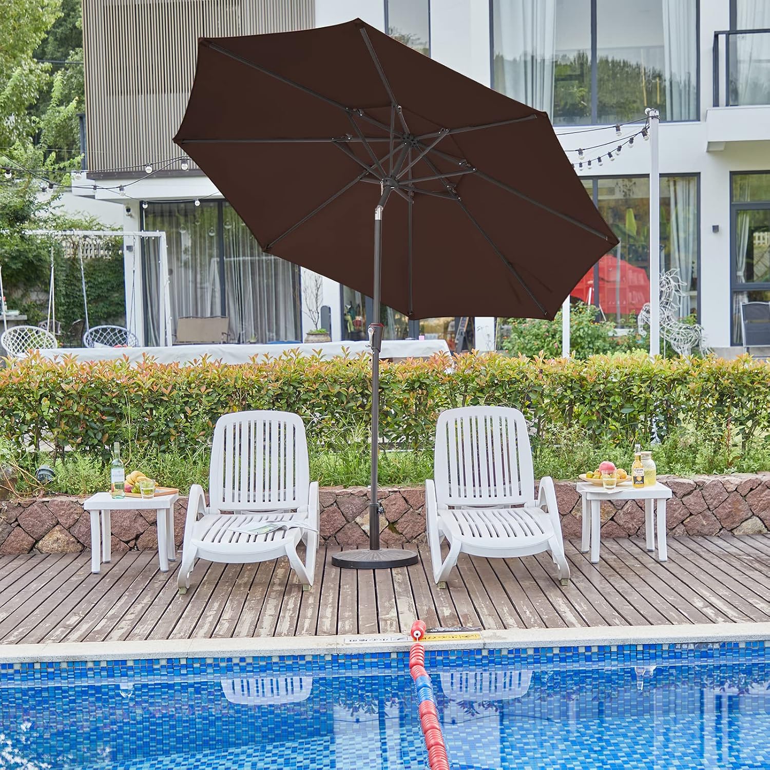 VOUA 2 Tiers 9' Patio Umbrella Outdoor Market Umbrella Table Umbrellas Sunbrella with 8 Ribs Push Button Tilt and Crank UV Protection Outside Garden Pool Umbrella, Coffee