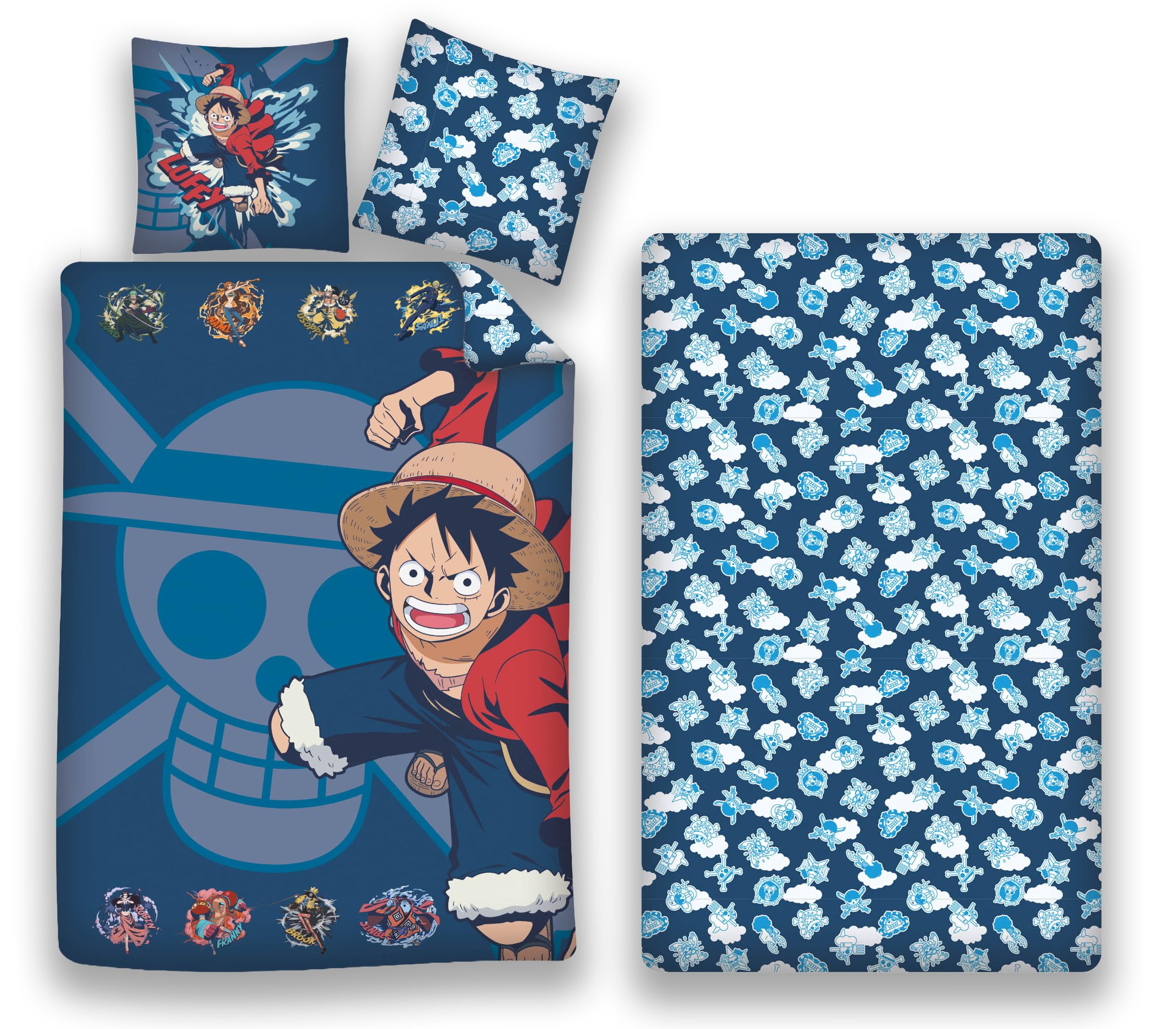 One Piece Juego Cama 3 Piezas Luffy 140x200 + Funda 63x63 + Sábana 90x200 | Microfibra Oeko-Tex | Compatible 90x190-200 | Luffy Jolly Roger | Licencia oficial | Niños 8-16 | Reversible