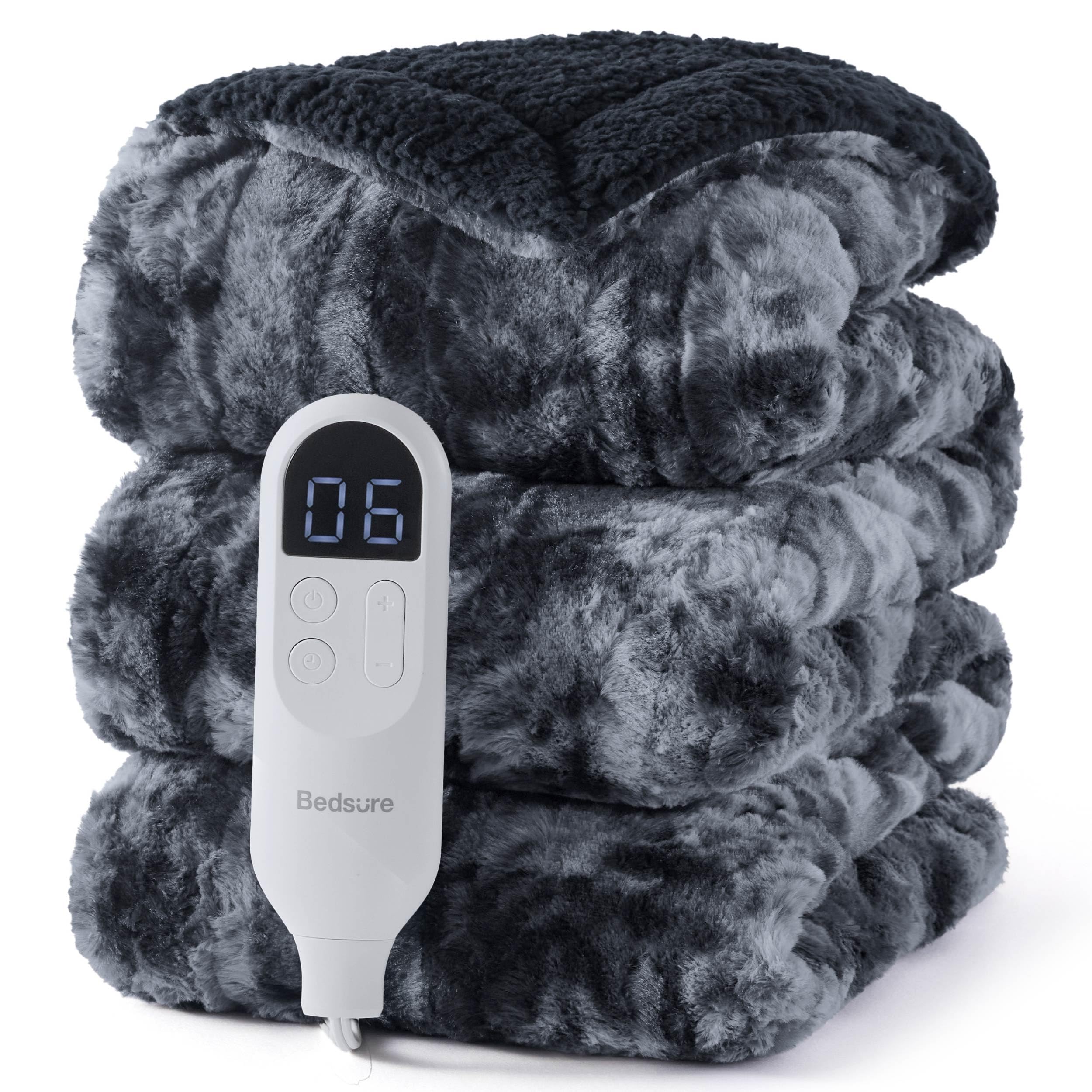 Bedsure Faux Fur Heated Blanket Twin Size, Fast Heating Electric Blanket Twin Size with 6 Heating Levels &amp; 10 Time Settings, Cozy Gifts for Women Men (62x84 inches, Black)