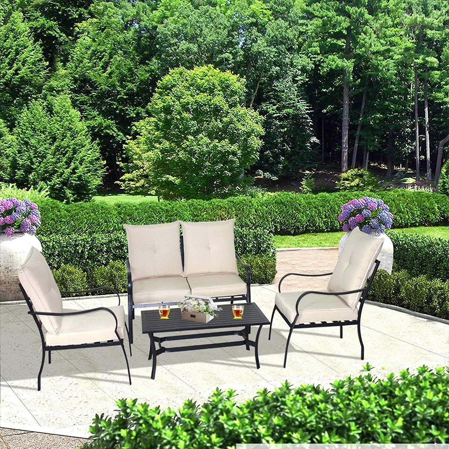 Homebeyond Patio 4-Piece Cushioned Metal Conversation Set Back Rest Pillow Back Yard Pool Seating with 2 Chairs and Coffee Table (Tan) - PSA4