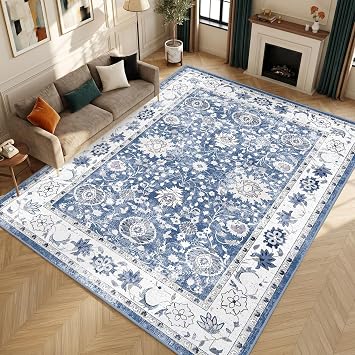 IKALIFE Vintage Blue Washable Rug, 160 x 230 cm Non Slip Low Pile Area Rug | Soft texture, Non-shedding, Easy care, Suitable for living rooms, dining rooms, bedrooms, family rooms