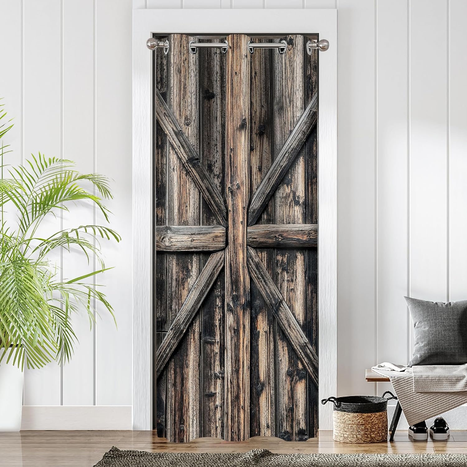 Wooden Barn Doors Door Curtains for Doorways, Rustic Farmhouse Art Wood Blackout Curtain for Kids Bedroom Closet, Grommet Thermal Insulated Privacy Door Drapes for Room Divider, 42" W x 80" L