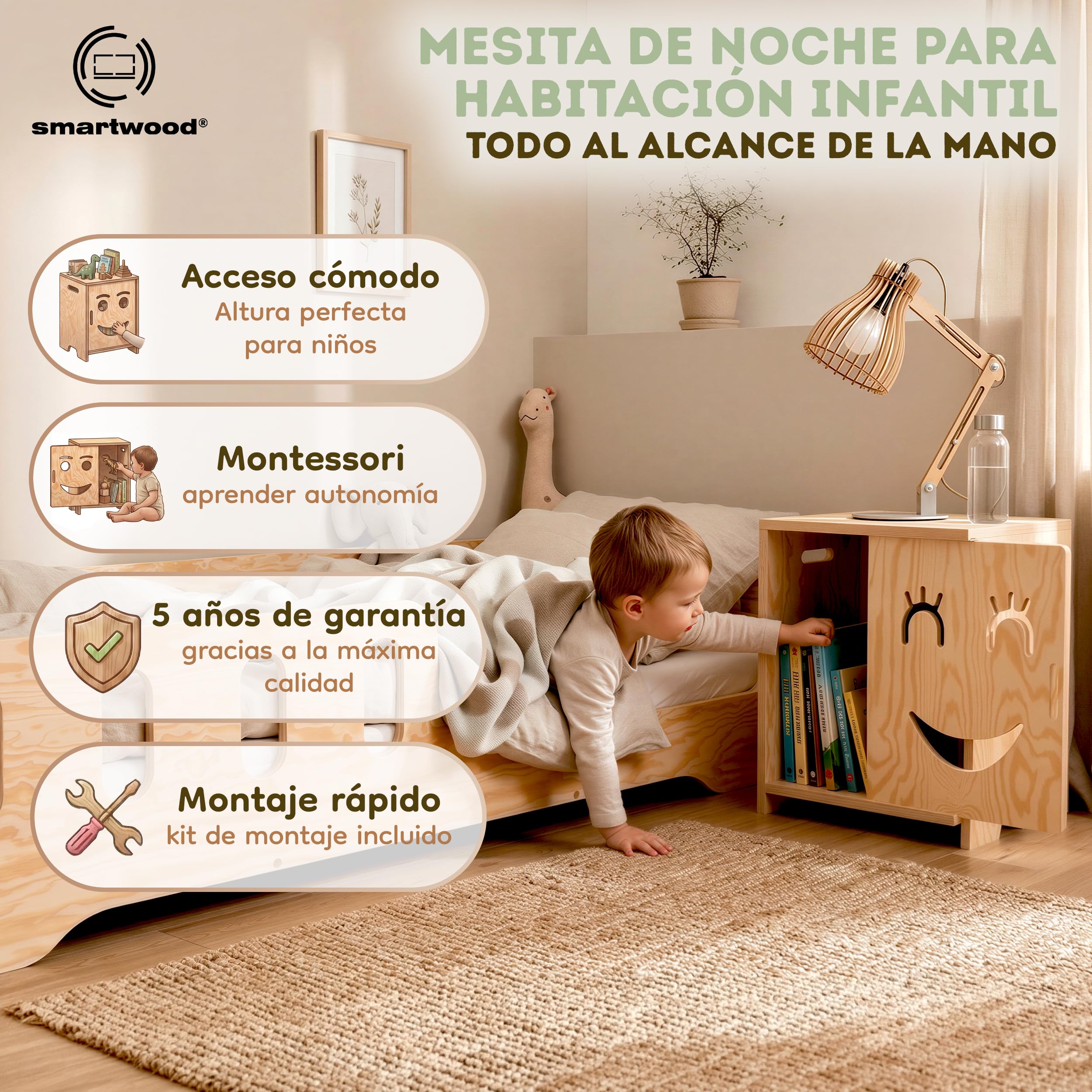 smartwood Mesita de Noche Infantil - Mesilla Montessori de Madera Contrachapada de Pino Certificada FSC - Diseño Apto para Niños, Estructura Estable y Montaje Fácil - KAPI 3P