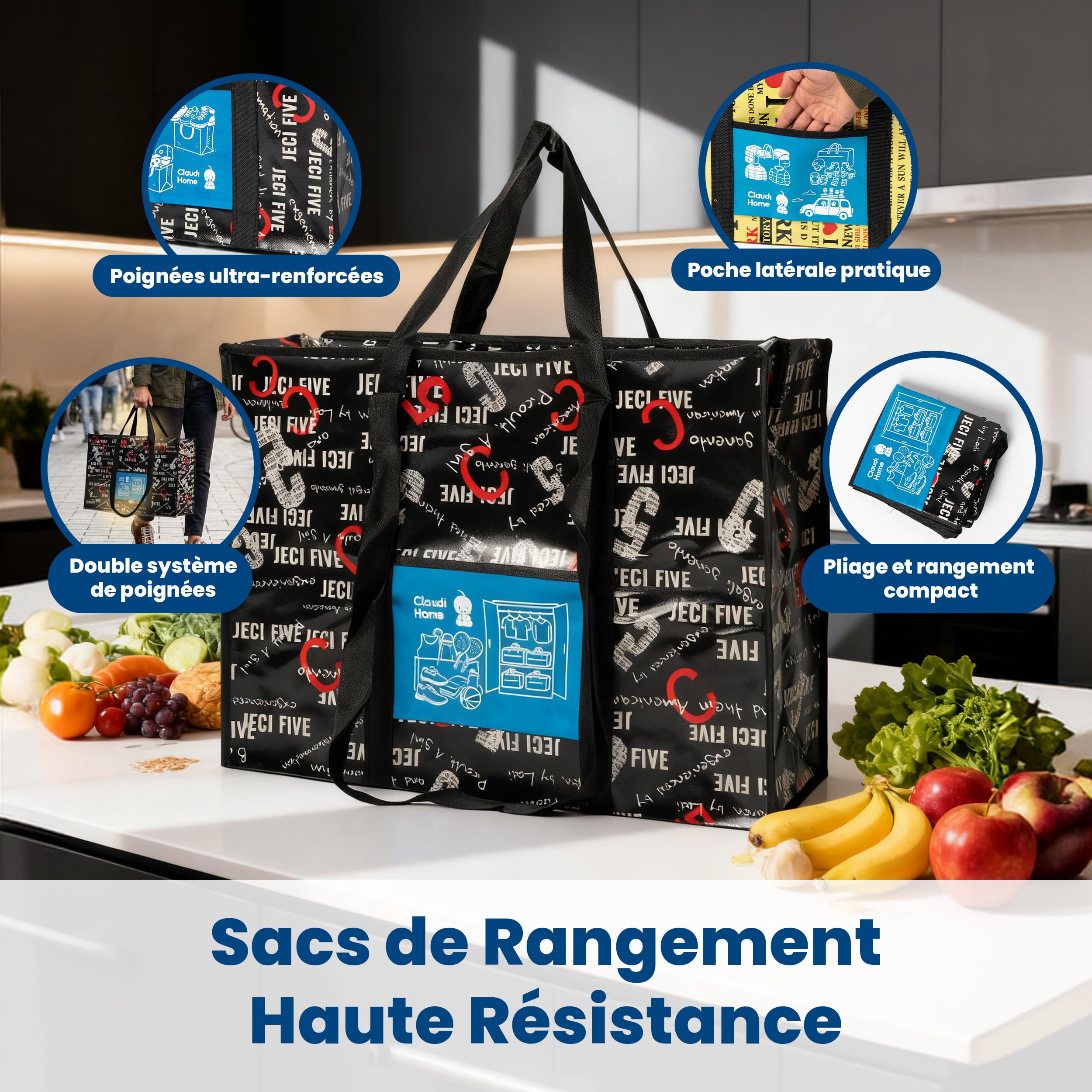 Lot de 5 Sacs Ultra résistants Démenagement 100l. Fermeture Éclair. Sangles Solides Doubles & Poche Frontale. Sport, vacances, voyages, stockage, camping, linge Sacs conçus pour durer