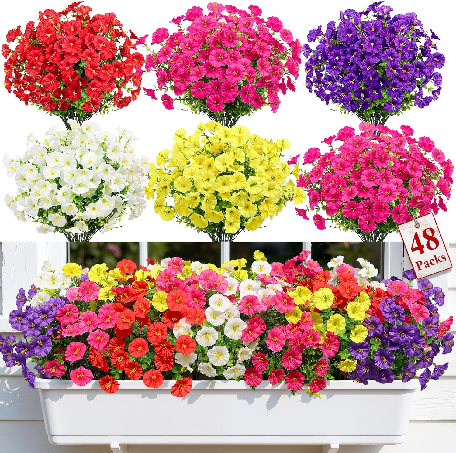 Alupssuc 48 Bundles Artificial Flowers for Outdoors, Faux Spring Flowers for Decoration, UV Resistant Silk Morning Glory with Eucalyptus Realistic Fake Flowers for Yard Planter Porch Garden, 5 Colors