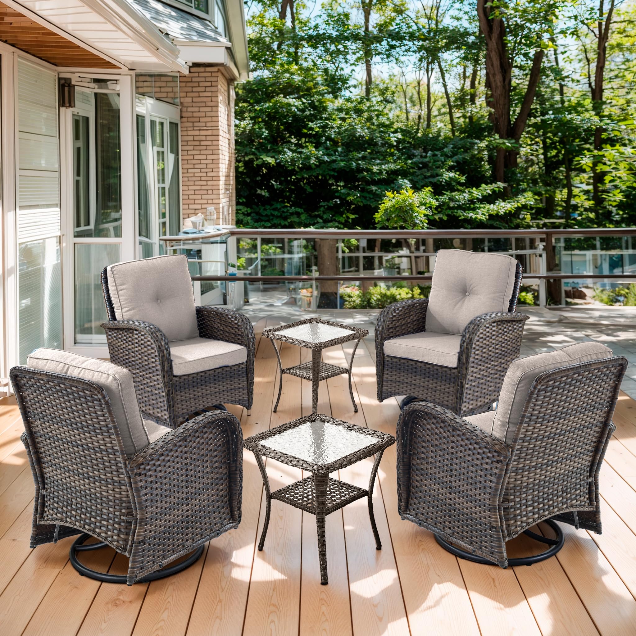 Artfurniz Outdoor Swivel Glider Rocker Chairs Set of 4 - Wicker Patio Furniture Set All Weather Patio Conversatio Sets with 2 Tempered Glass Side