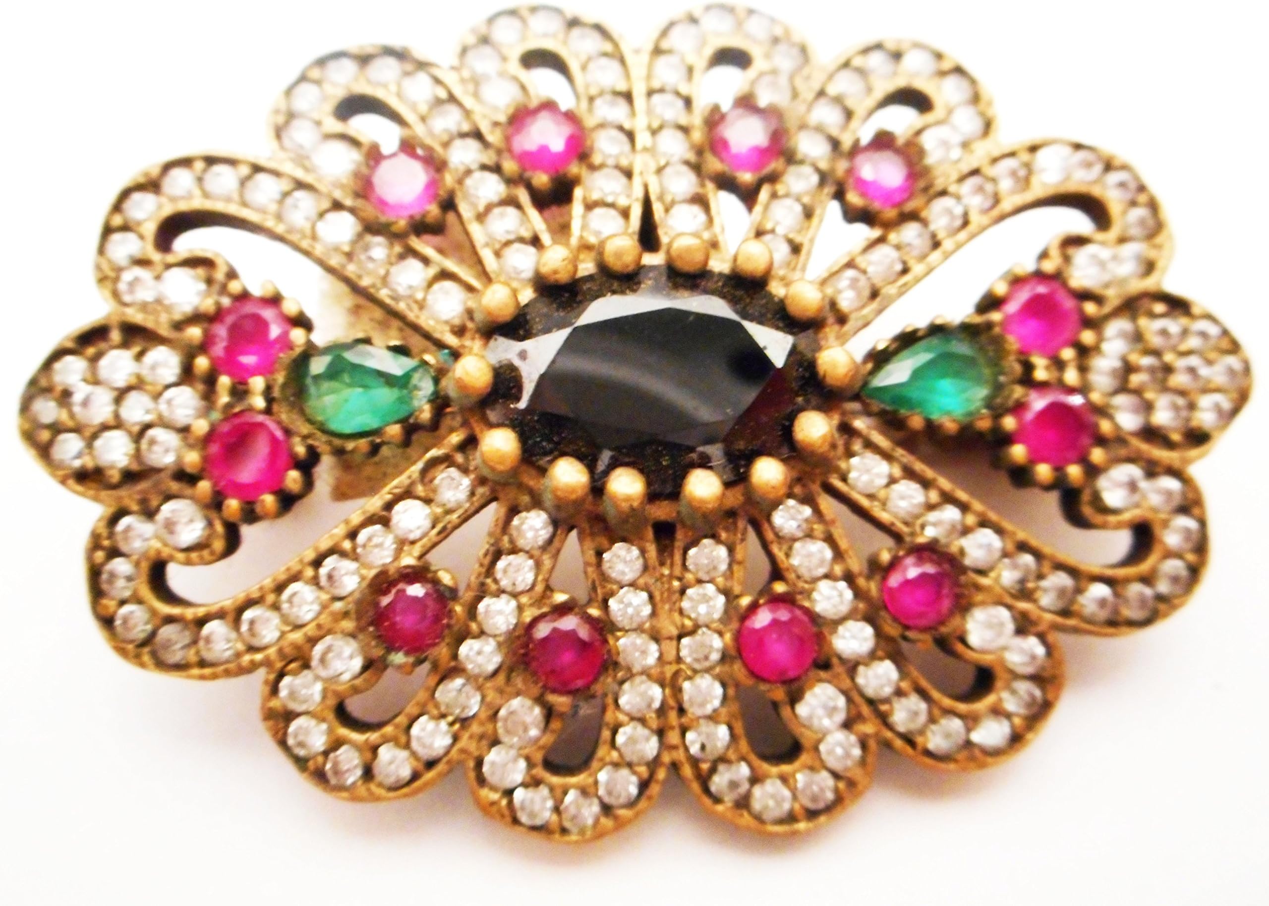 Vintage Ottoman 925 silver ruby emerald and diamond pin brooch