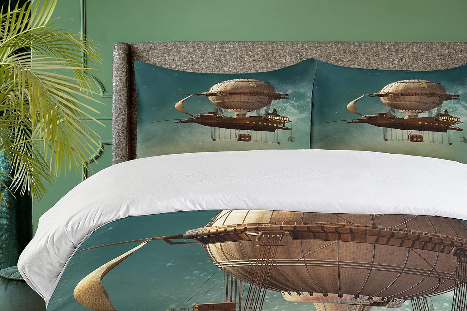 Ambesonne Fantasy Duvet Cover Set, Surreal Sky Scenery Steampunk Airship Sci Fi Stardust Space Image, Decorative 2 Piece Bedding Set with 1 Pillow Sham, Twin Size, Teal and Brown