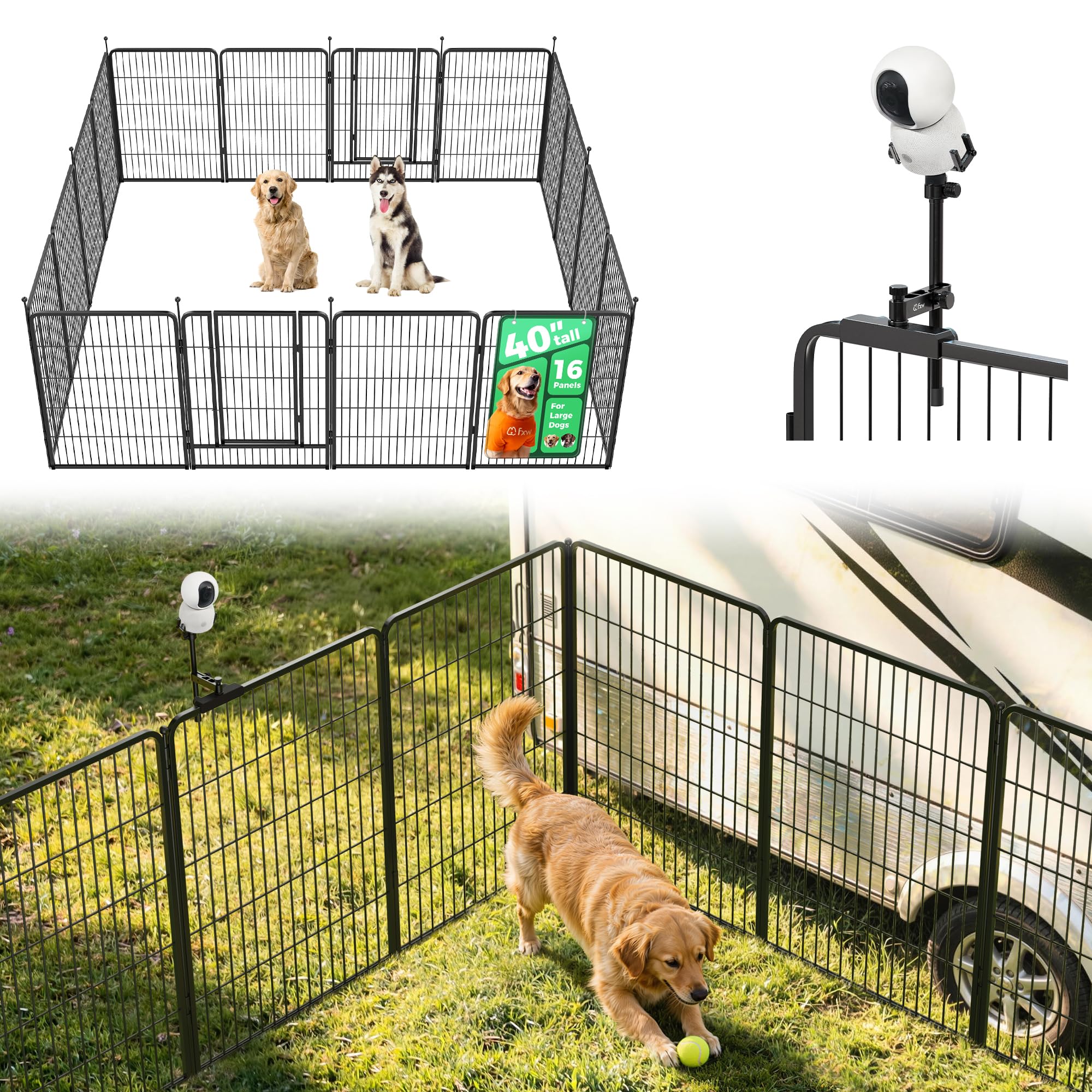 FXW Instant Dog Playpen with Camera Mount, 40" H, 16 Panels for RV Camping