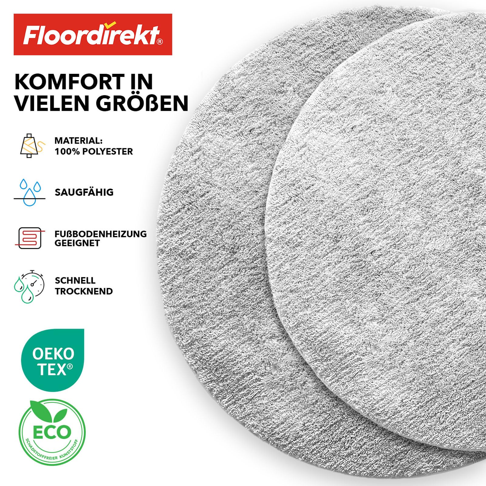 Floordirekt Badematte Sky Soft | Eckig & Rund | Badezimmerteppich | Extra flauschig | rutschfest & Schnell trocknend | Viele Farben & Größen (Rund | Ø 120 cm, Weiß)
