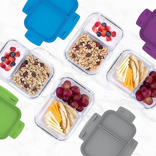 Vista 4 de Bentgo® Snack de vidrio – Contenedor de aperitivos estilo Bento, a prueba de fugas, con tapa hermética y diseño dividido de 2 compartimentos, Púrpura