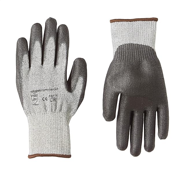 AmazonCommercial Cut-resistant Level 5 D Goldsilk & PU Coated Work Gloves, Mechanics, Gardening, Construction (Salt & Pepper/Black), Size L, 1 Pair