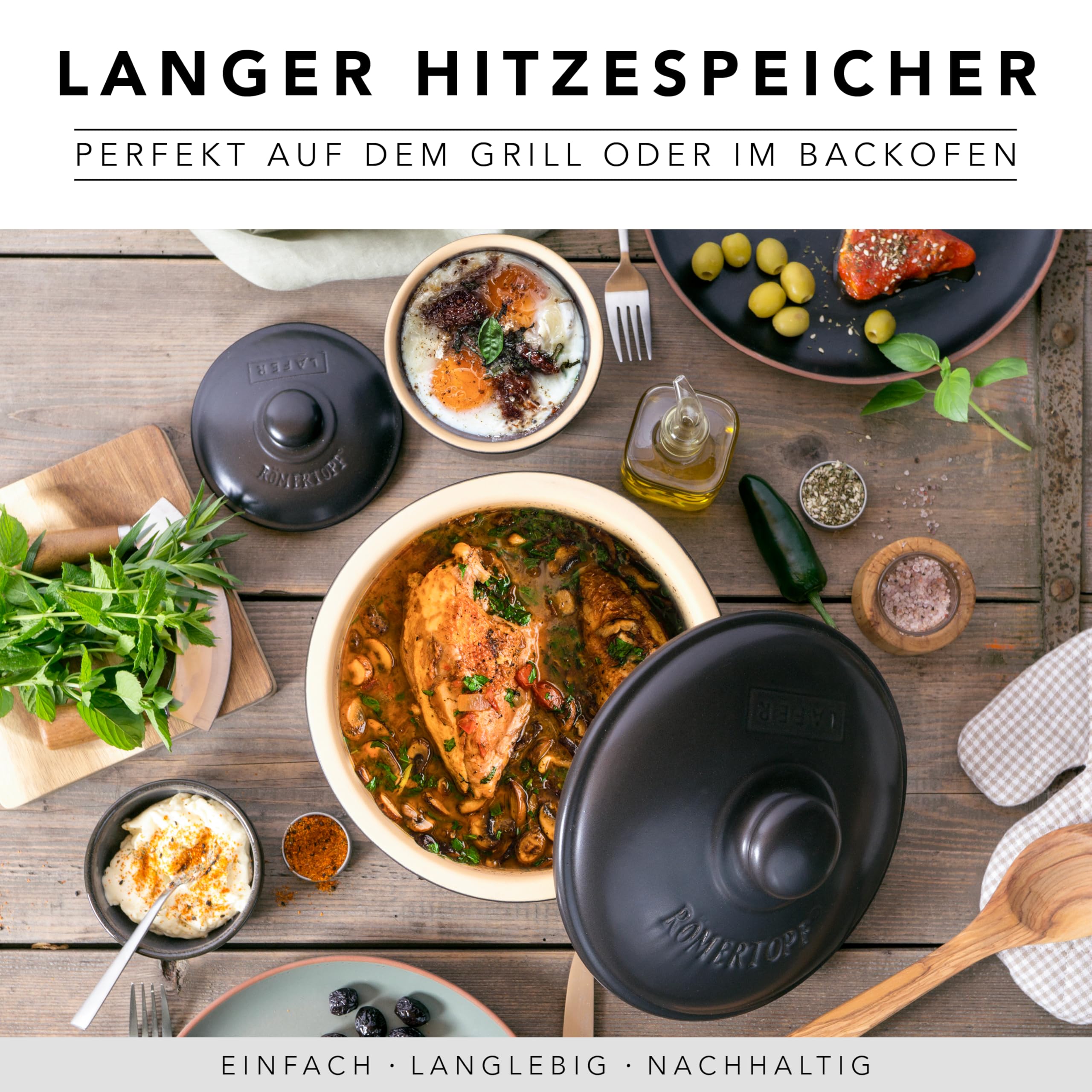 Römertopf BBQ Schmortopf 2 L Naturton Ø 23,2 cm für Grill und Ofen