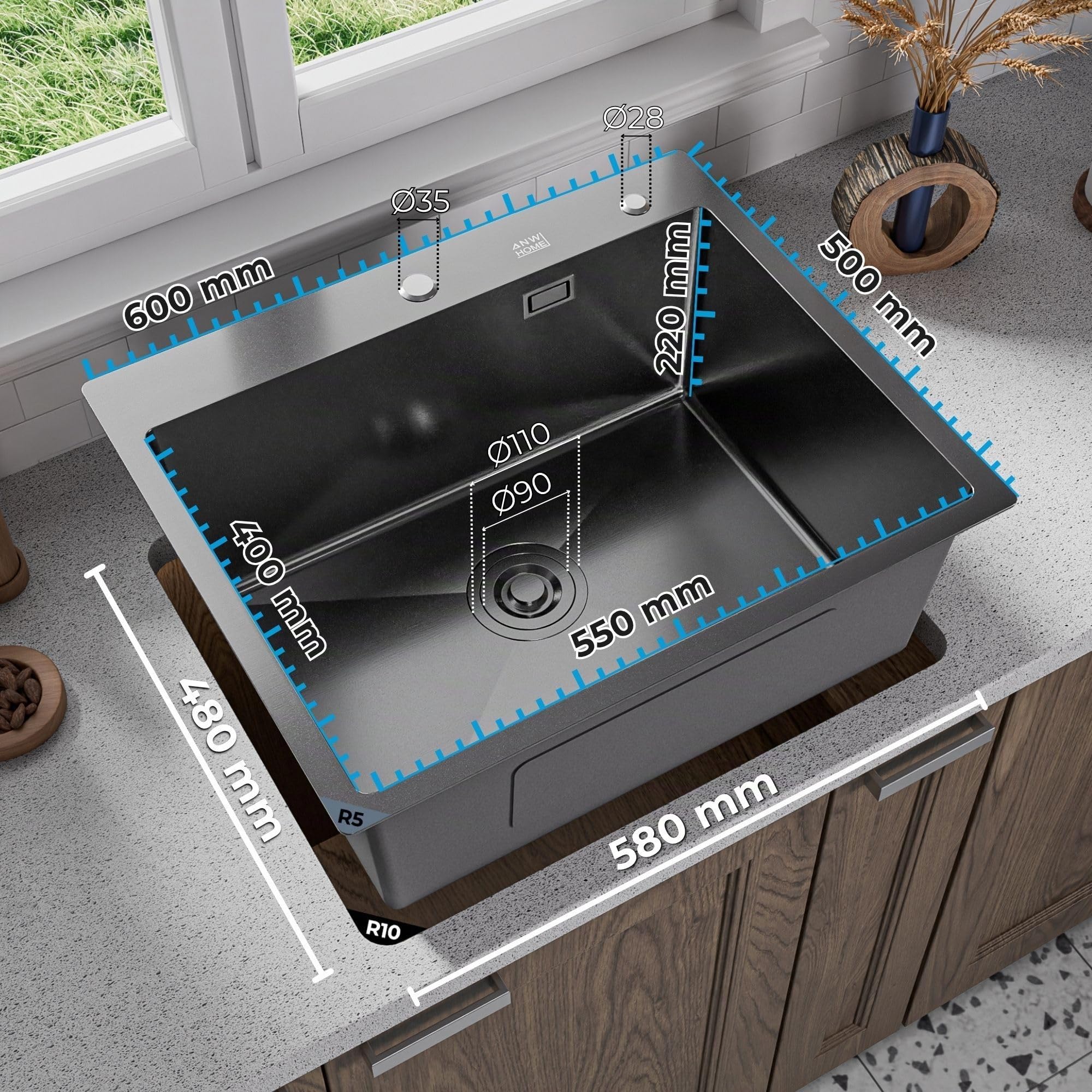 ANW HOME Lavello Cucina 1 Vasca 60x50 cm, Grafite | Incasso, Rivestimento Nano, Spessore 3,0/1 mm, Profondità 22 cm, Con Sifone
