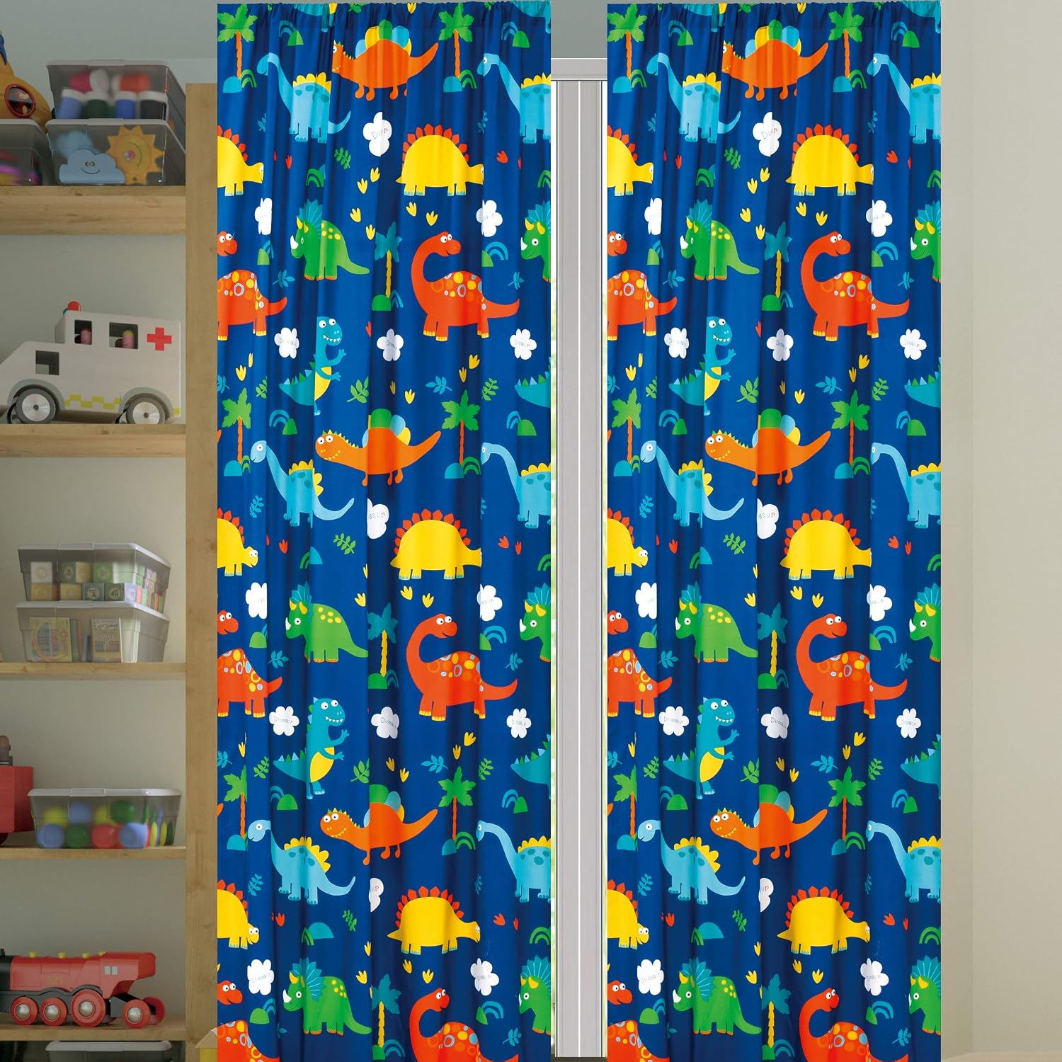 Sapphire Home Kids Boys Window Curtain Panels with tiebacks, Fun Dinosaurs Design Print Window Curtain for Boys Kids, Blue Green Kids Room Décor, Dinosaur Curtain