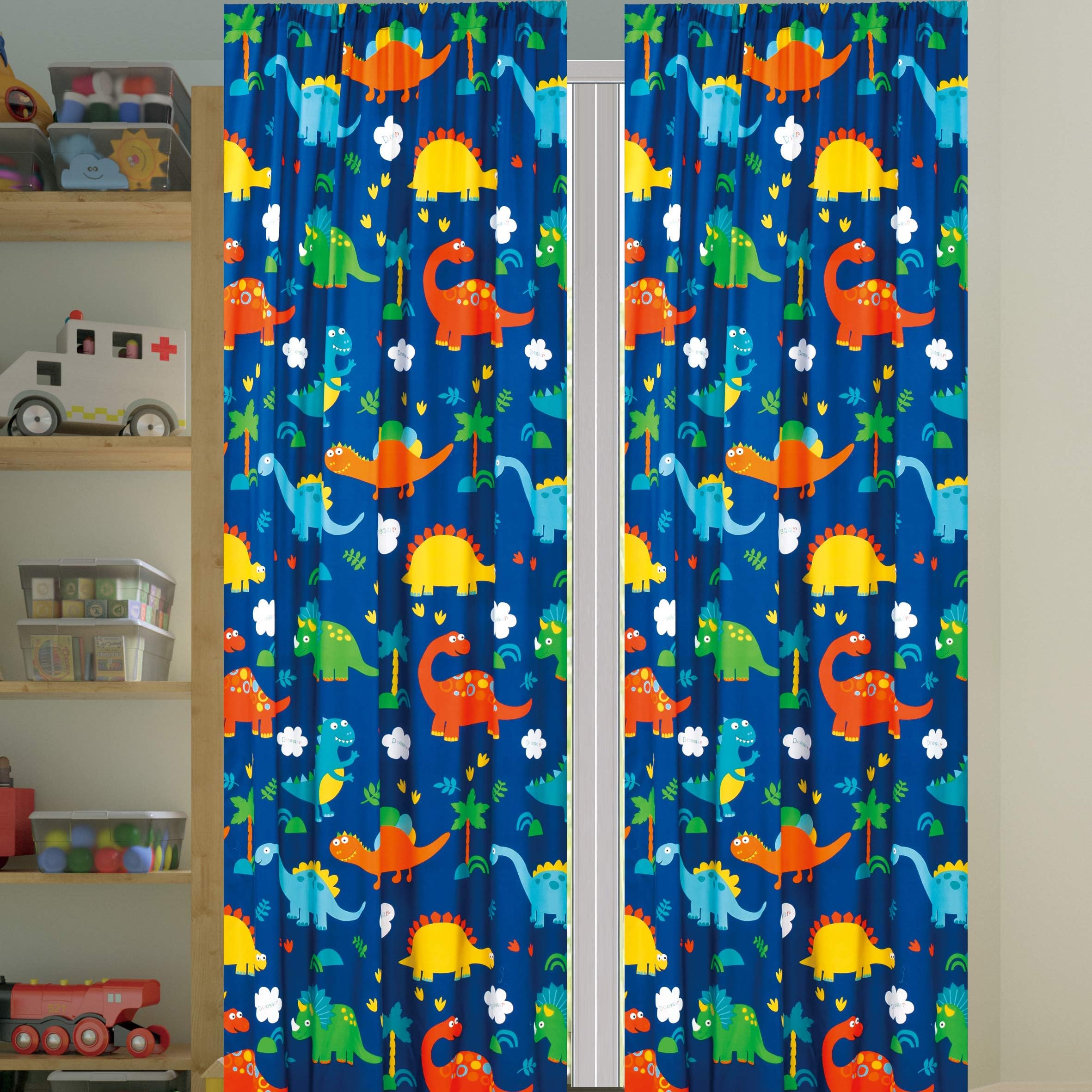 Sapphire Home Kids Window Curtain 2 Panel Sets - Toddler Curtains w/ 2 Rod Pockets & 2 Tiebacks - 38"x84" Kids Dinosaur Room Decor Boys - (Dinosaurs)