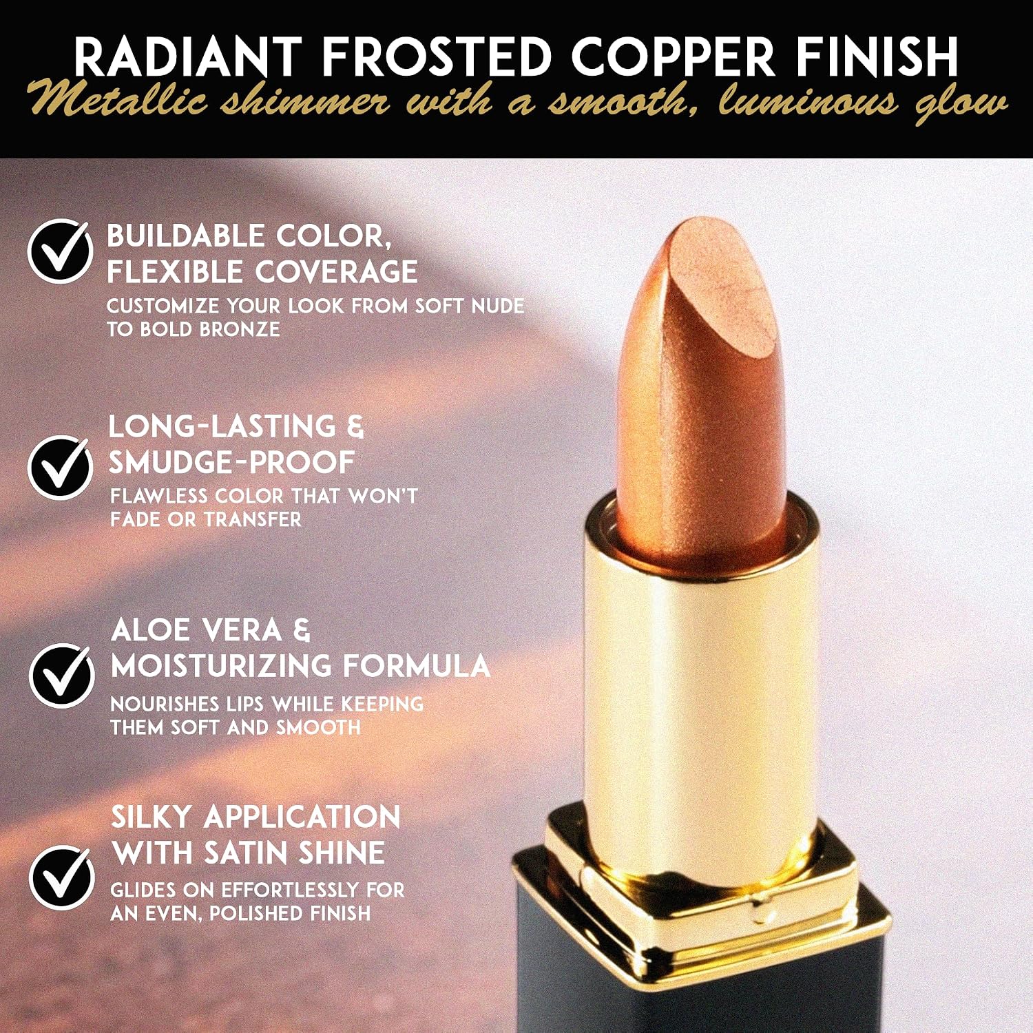 L'Paige Frosted Copper Lipstick | Metallic Shimmer Lip Color | Aloe Vera Moisturizing Formula | Long-Lasting Warm Bronze Finish | Burnt Bronze Shade L05
