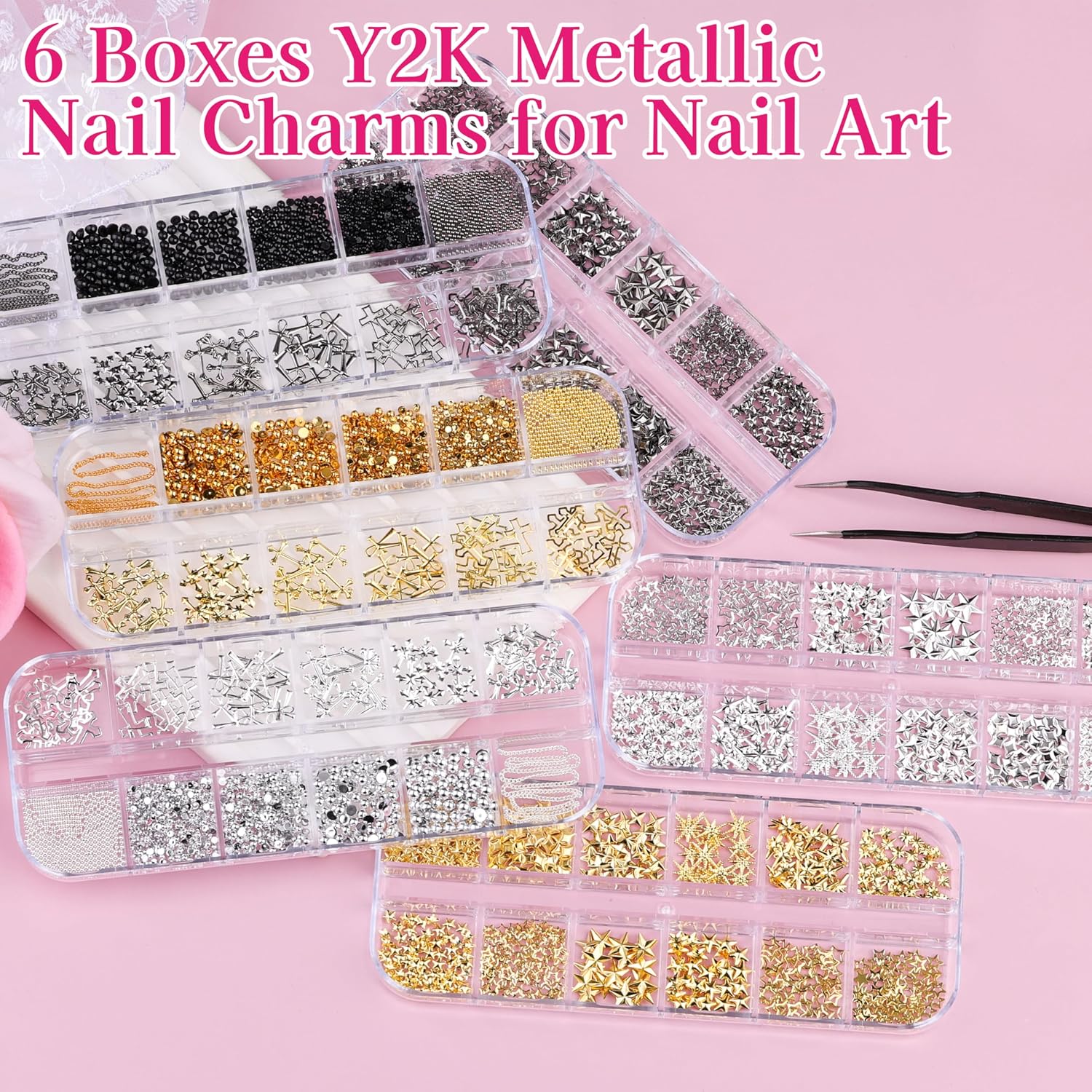 6 Boxes Gold Silver Star Nail Charms, 3D Metal Cross Nail Art Studs Gold Caviar Beads for Nails Design Y2K Nail Chains Black Punk Retro Nail Decorations Pearls for Women DIY Manicure Supplies