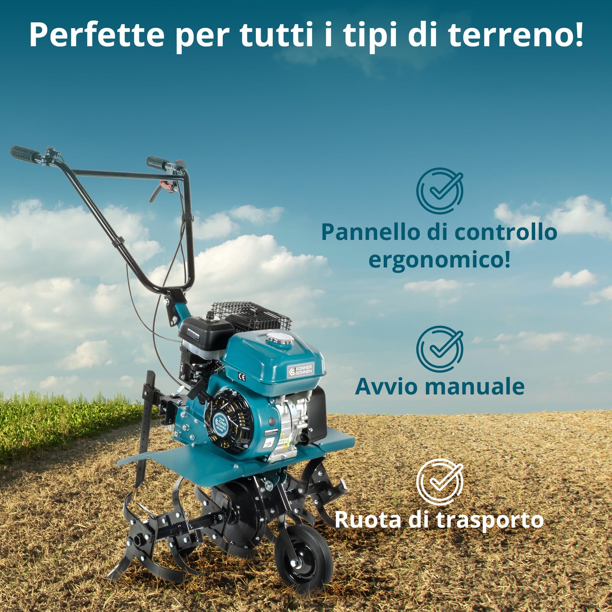 Könner & Söhn KS 7HP-850A Coltivatore a benzina con trasmissione a cinghia, fresa per giardino con fresa a sega forgiata, valvola di scarico regolabile, potenza del motore 7 CV
