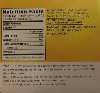 HEB Lemon Iced Tea 12 single cup (servings)