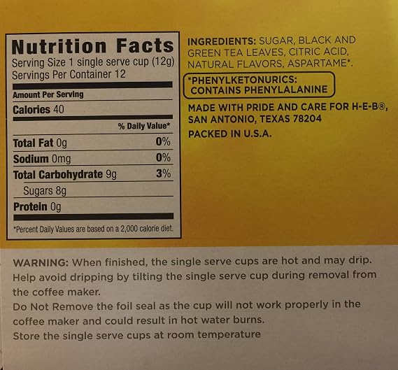 HEB Lemon Iced Tea 12 single cup (servings)