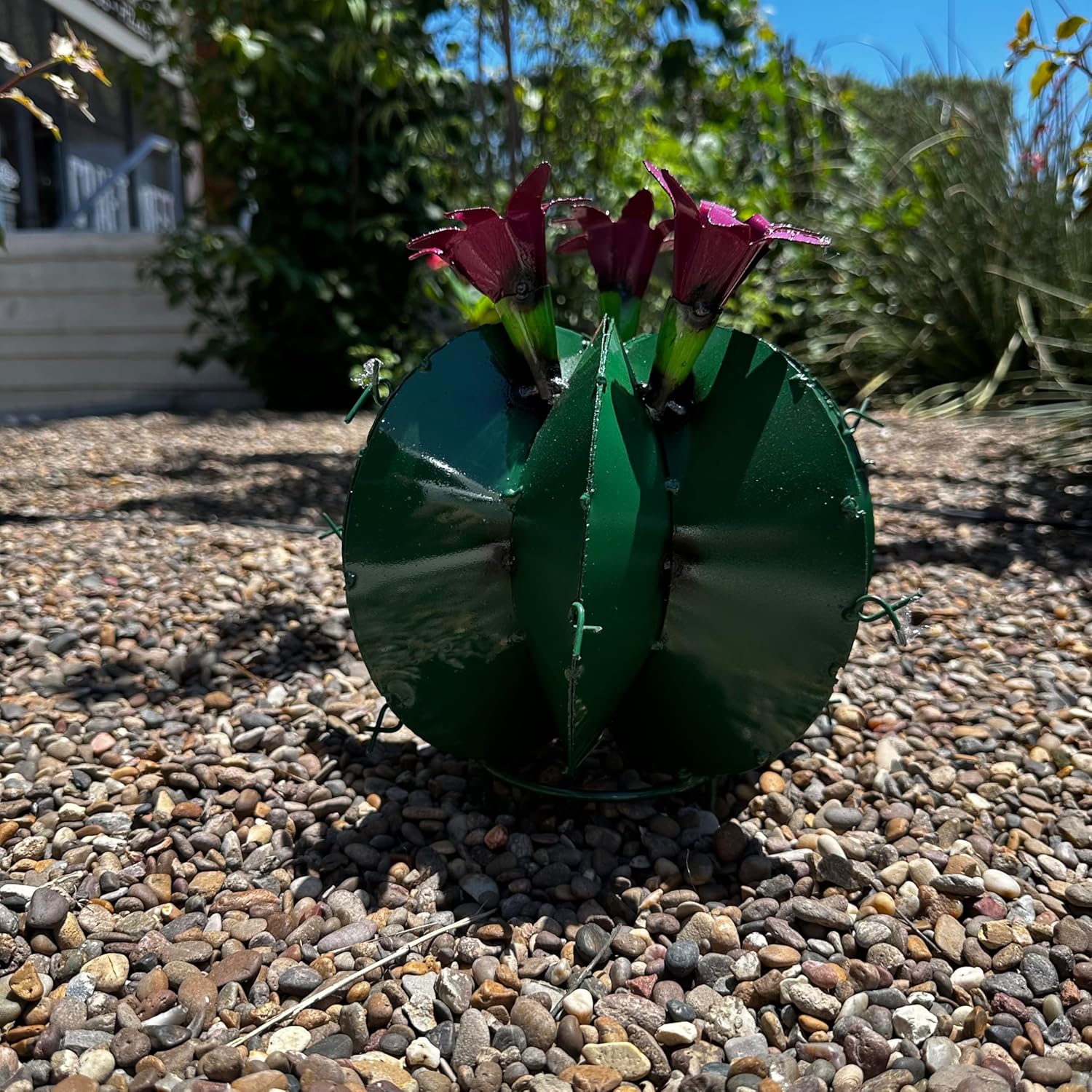 Handmade Metal Bisnaga Cactus with Flowers - Garden Art Decor (Purple)