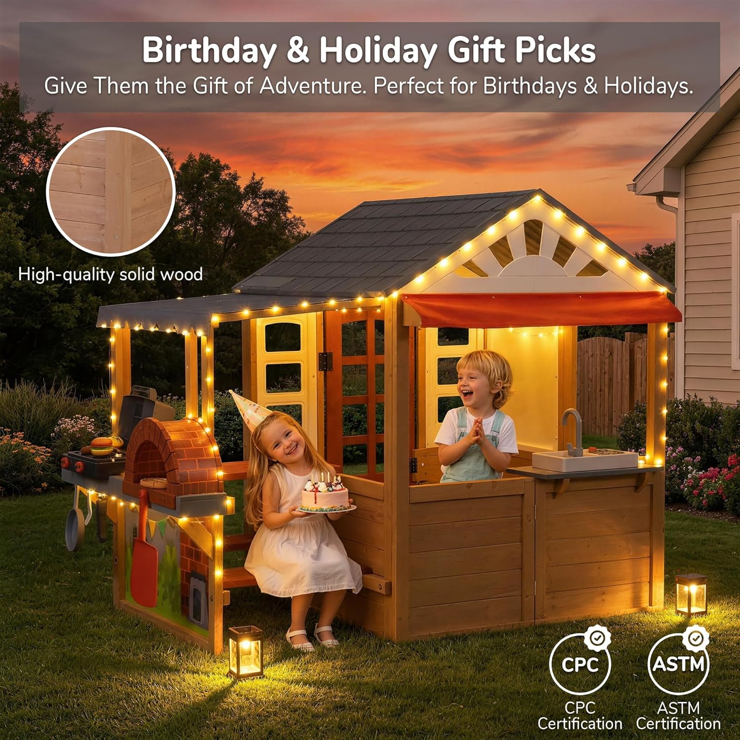 Kids Outdoor Playhouse, Cedar Wooden Playhouse for Kids Ages 3-8 with BBQ Grill, Kitchen Set, Doodle Whiteboard, Picnic Table, Mail Receiver &Working Doorbell,Cottage Play House for Backyard