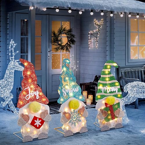 Miniatura 6 de Gnomos de oropel de Navidad iluminados, decoraciones de patio, 23.6 pulgadas, gnomos 2D plegables preiluminados con luces incandescentes para