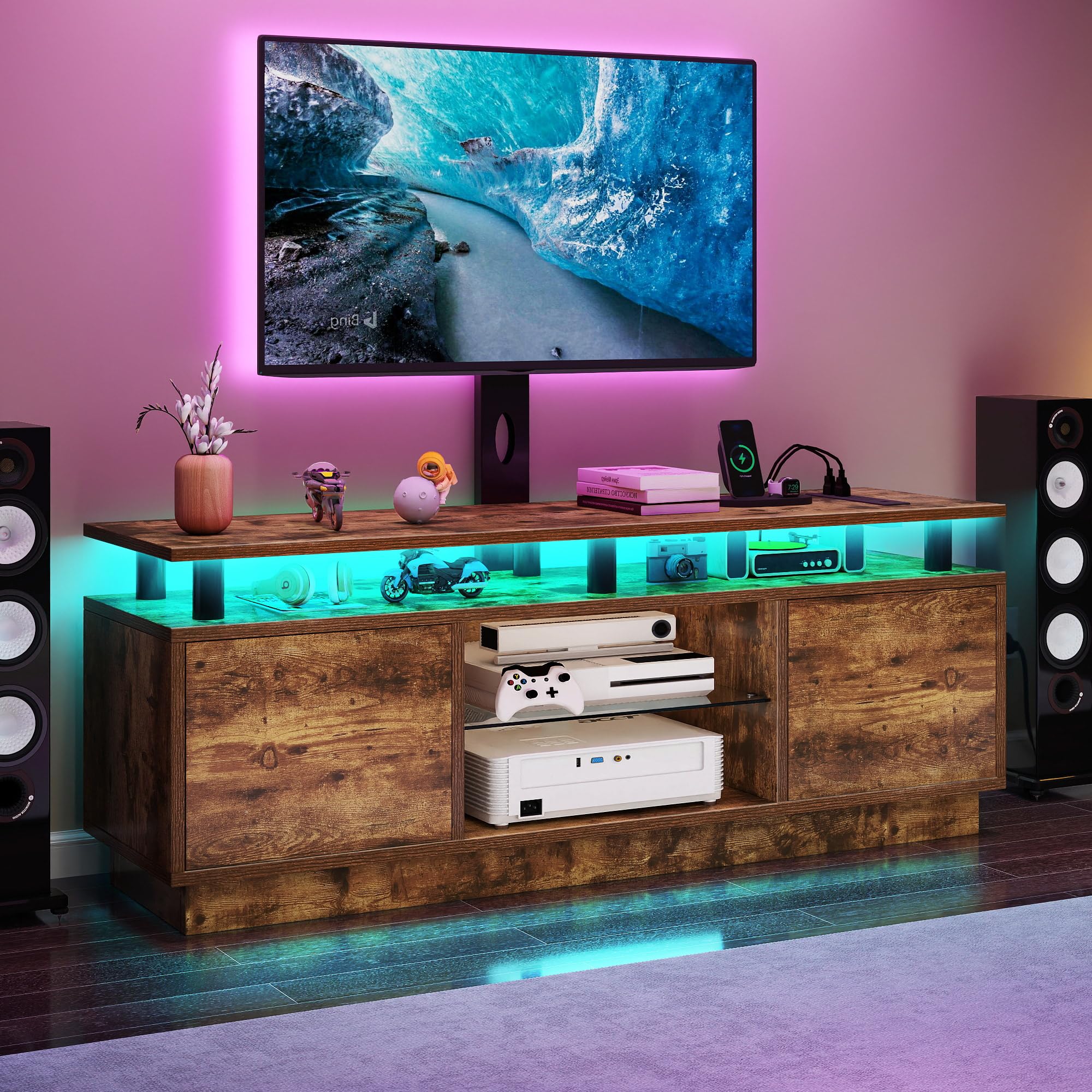 DWVO TV Stands for Living Room, Modern TV Stand for 70/65 inch TV with Mount & Power Outlet, LED Entertainment Center with Storage, Gaming Media Stand, Rustic Brown