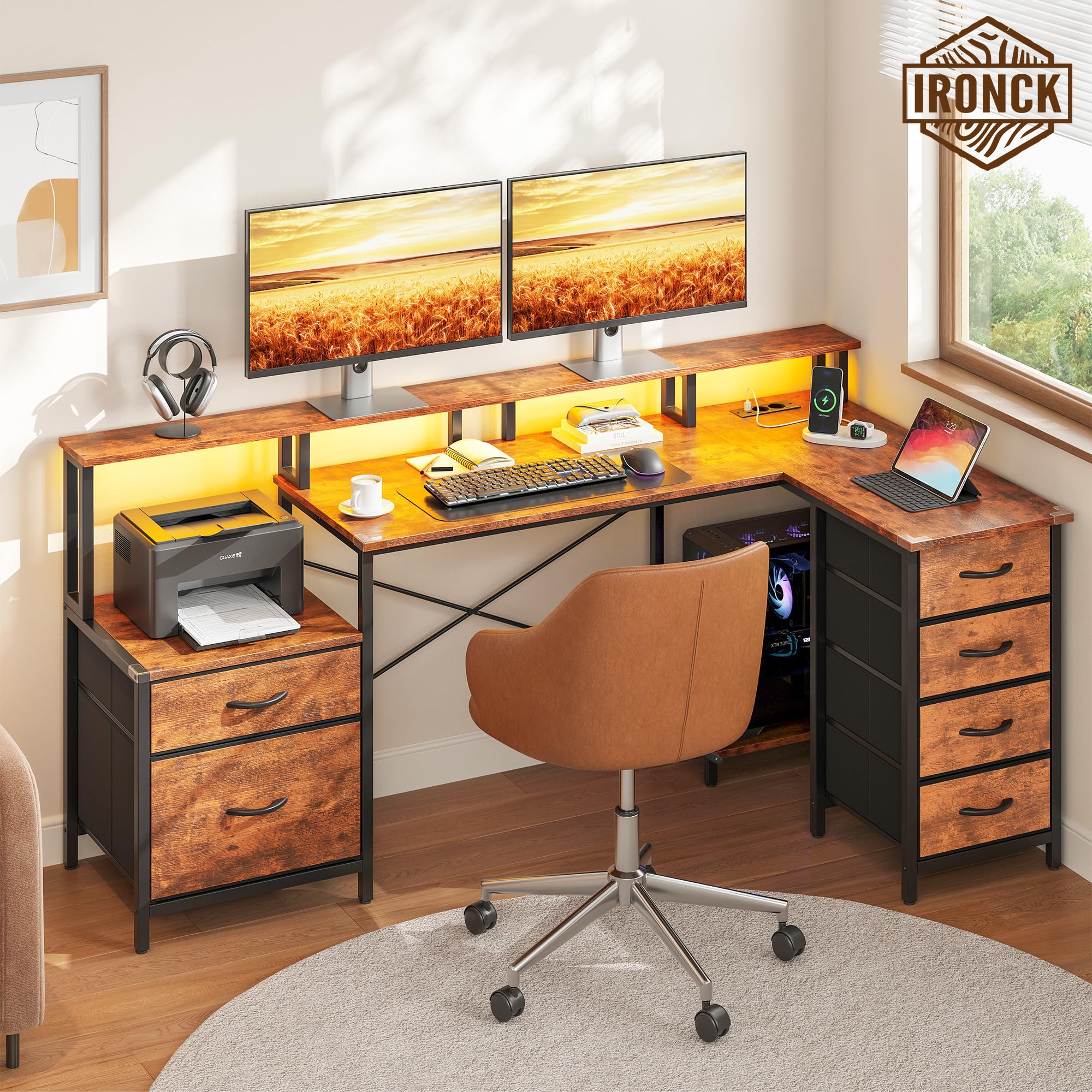 IRONCK Schreibtisch L Form Gaming Tisch mit LED & Steckdosen 2AC+1USB+1C, 189x100cm Eckschreibtisch mit 6 Schubladen&Monitorständer, Reversible Computertisch mit Stauraum für Home Office Vintage-braun