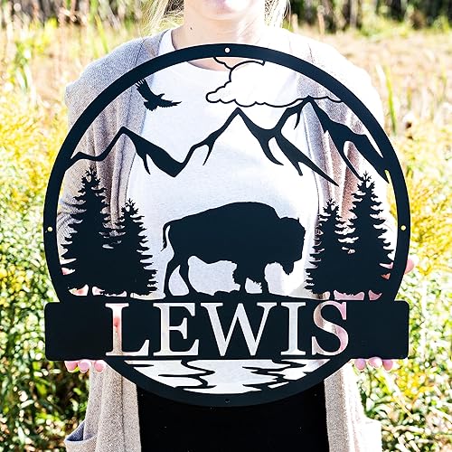 Custom Outdoor Bison Circle Monogram Sign  Lone Bison Decor  Bison Camp Sign  Buffalo Decor  Bison Name Metal Sign  Gift for Him