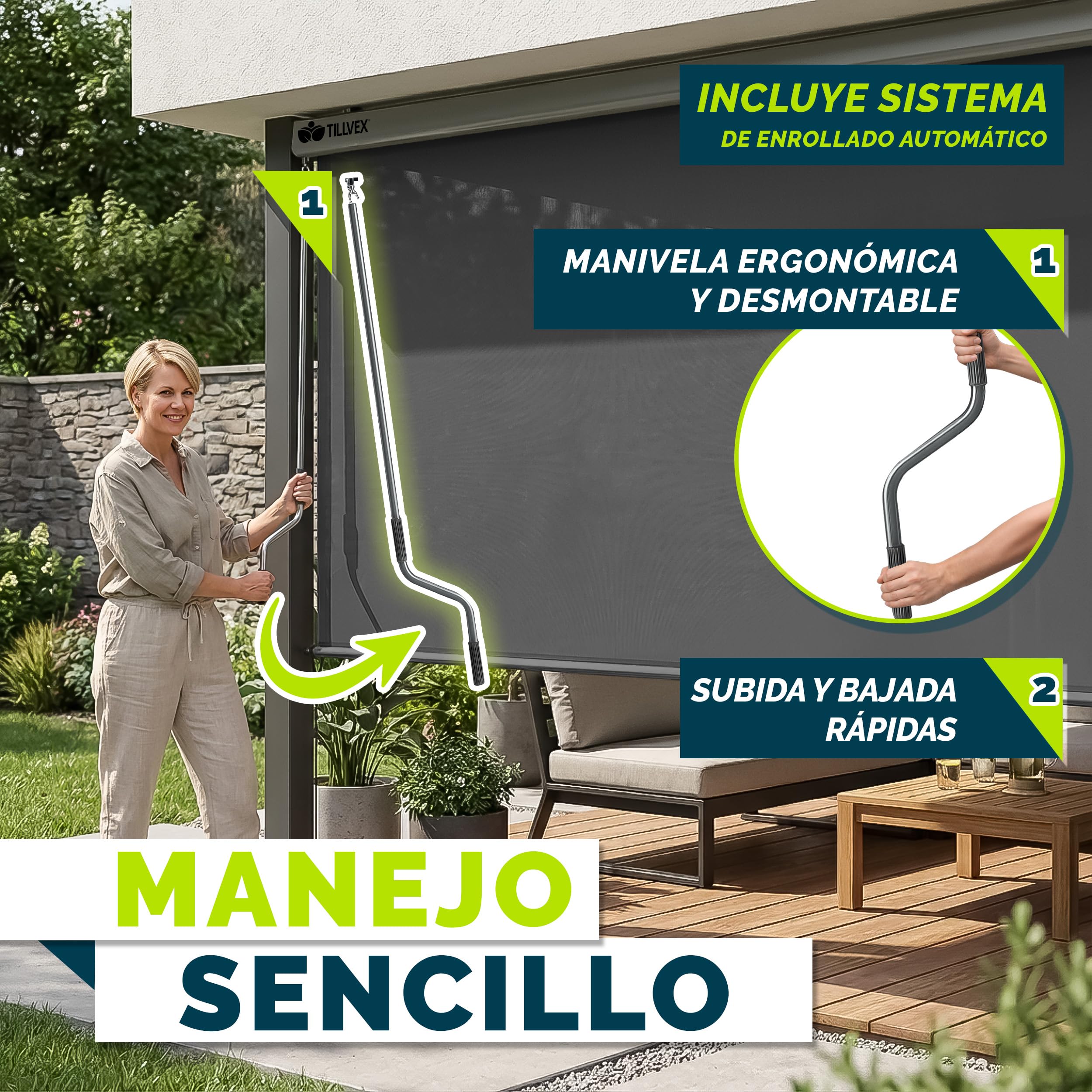 tillvex® Toldo Vertical de 200 x 250 cm para Exterior e Interior con Cubierta | Resistente al Agua con manivela para balcón, terraza y jardín | Estor para balcón, protección Solar de Aluminio